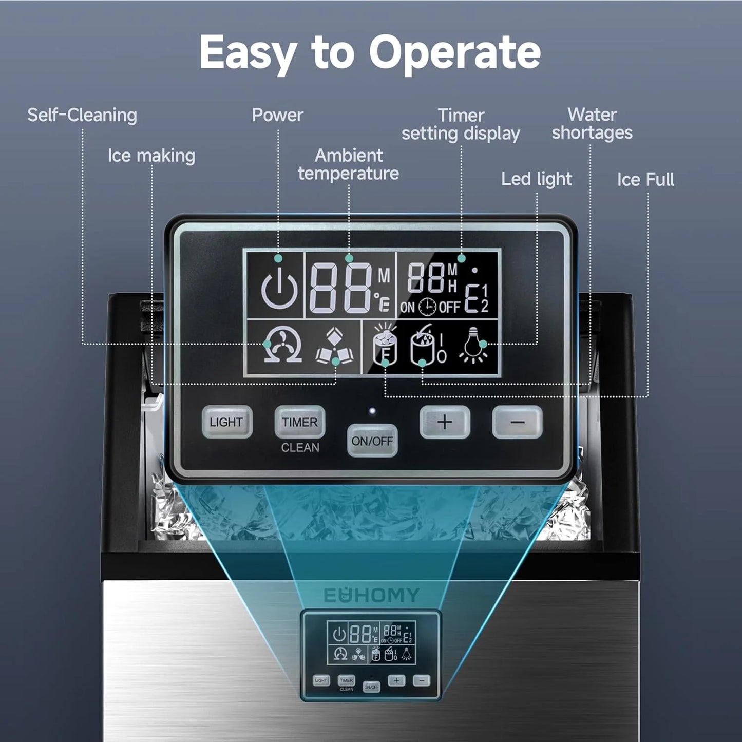 EUHOMY Commercial Ice Maker Machine, 100lbs/24H Stainless Steel Under Counter ice Machine with 33lbs Ice Storage Capacity, Freestanding Ice Maker.