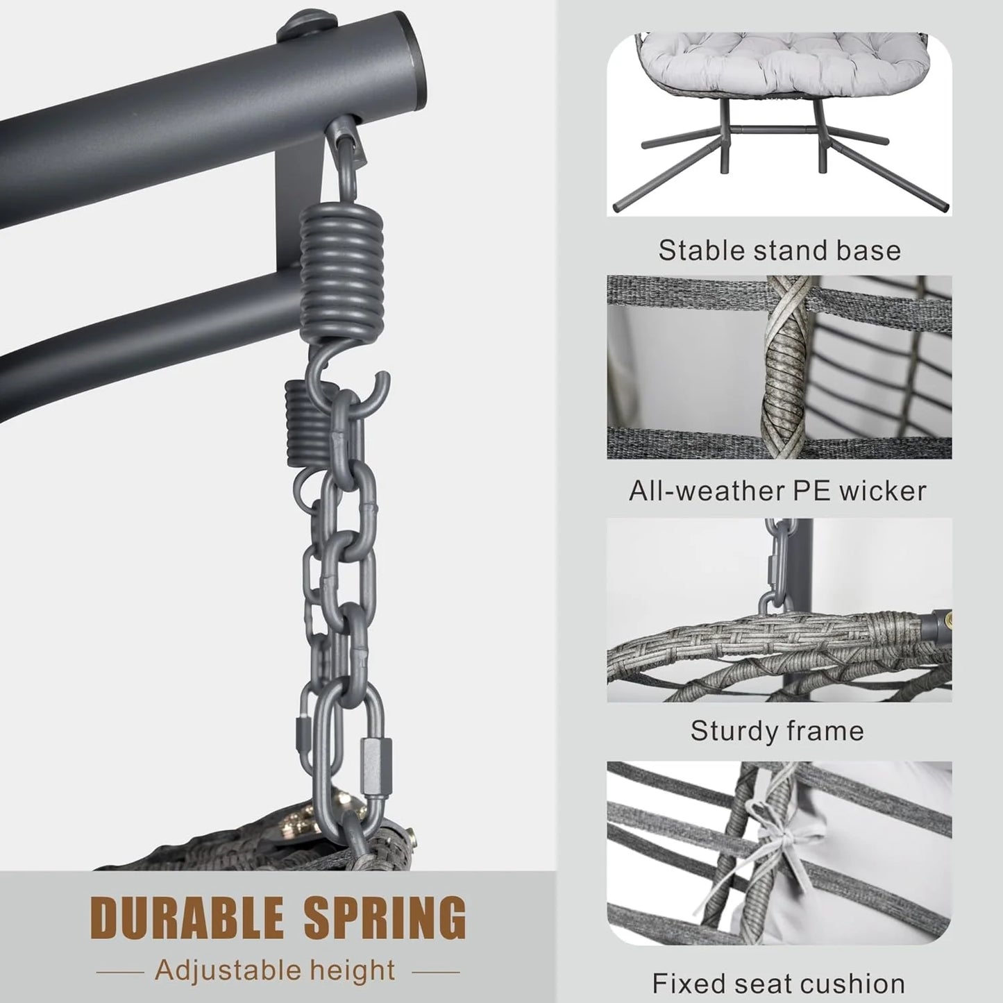 HWB Hanging Egg Chair with Stand, Patio Wicker Hammock Egg Swing Chair with Cushion for Bedroom Garden Indoor Outdoor (Beige)