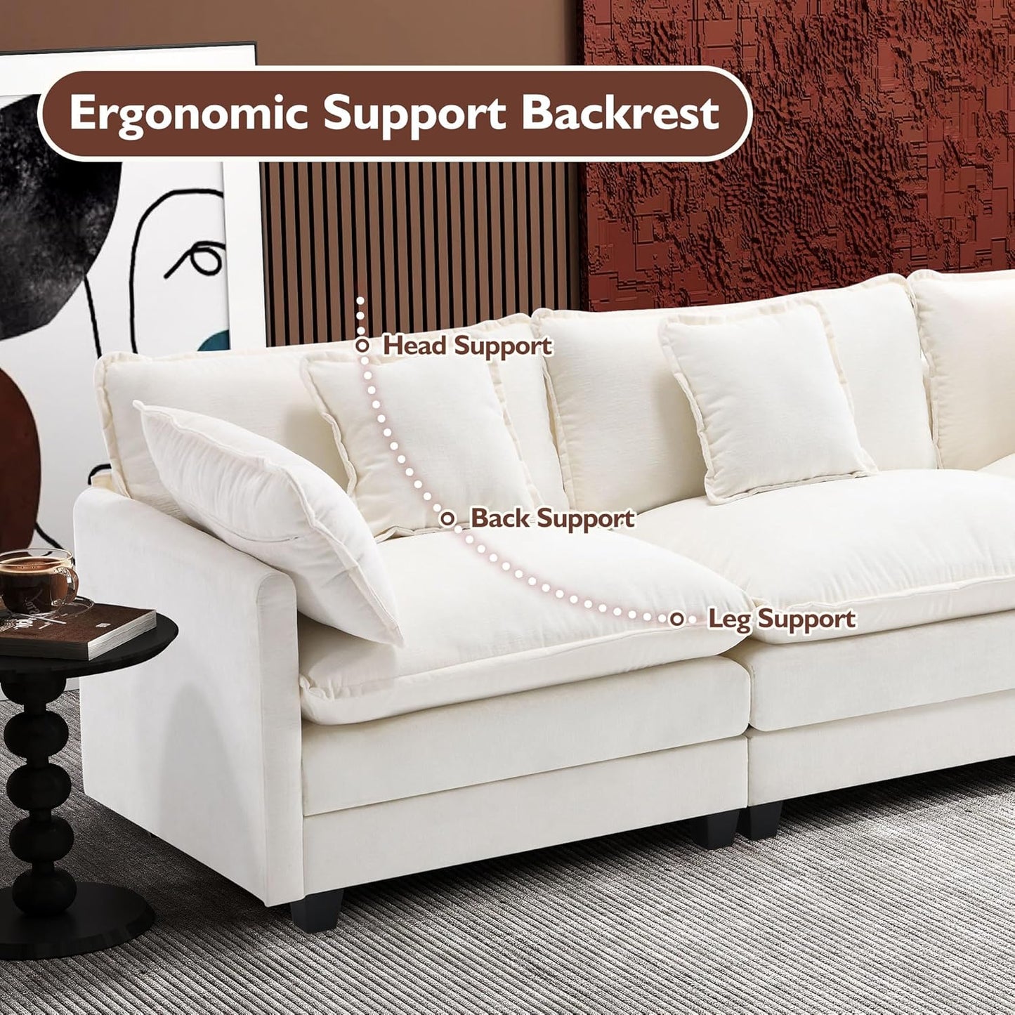 111.4 Inch L-Shaped Modern Sofa Modular Cloud Sofa with Ottoman, 4-Seater Chenille Deep Seat Sofa with Pillows for Living Room, Bedroom and Apartment, Beige