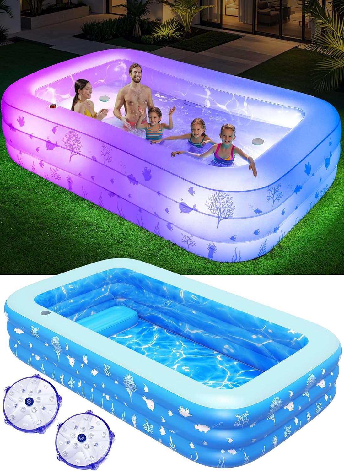 Inflatable Pool with Seat and Pool Lights, Durable Thickened Large Size Family Inflatable Pools for Adults Blow Up Pools,105" x 65" x 25"Swimming Inflatable Kids PooI for Backyard,Outdoor (White)