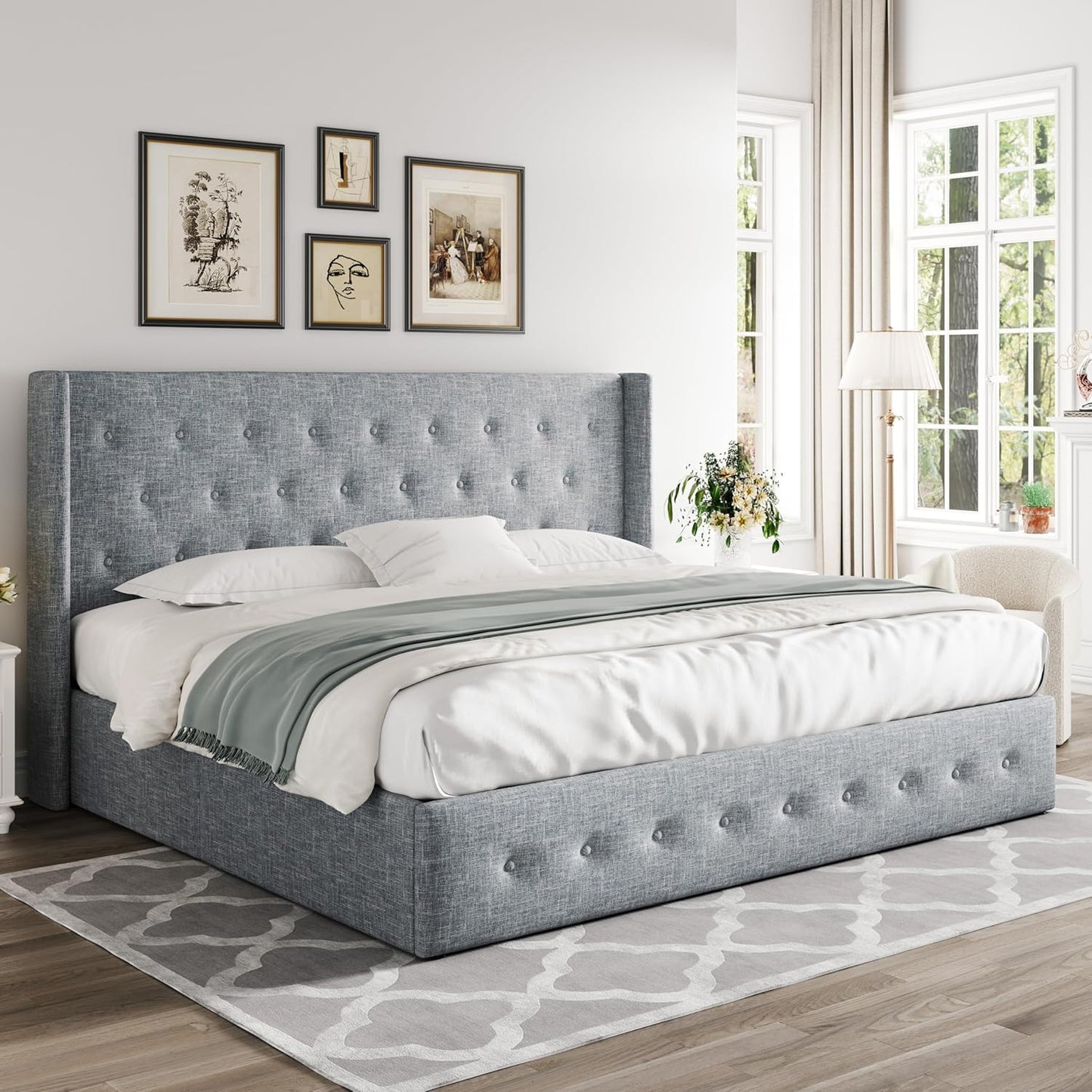 Allewie Queen Size Lift Up Storage Bed, Modern Wingback Headboard, Hydraulic Support, No Box Spring Needed, Light Beige