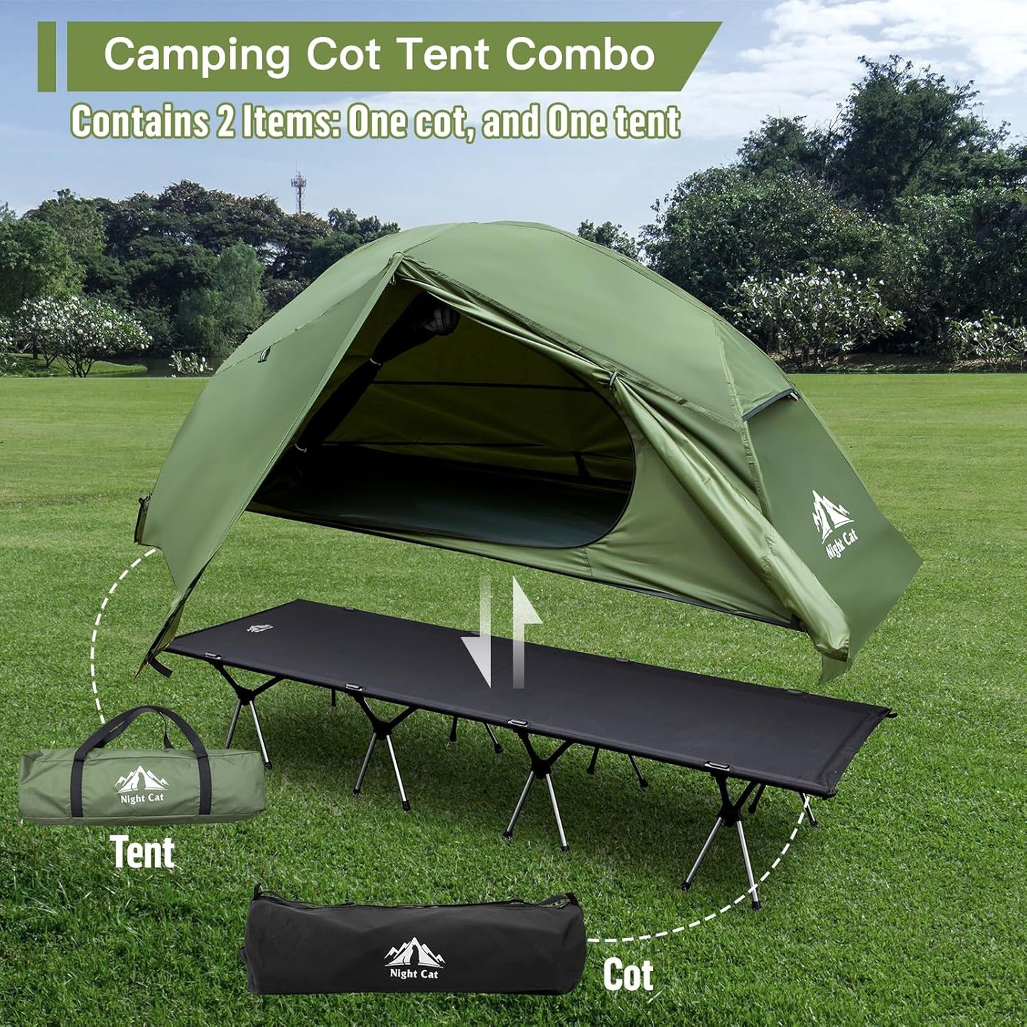 Camping Cot Tent - Waterproof 1-Person Off-Ground Combo Cot Bed for Adults Portable Easy Set-up Tent