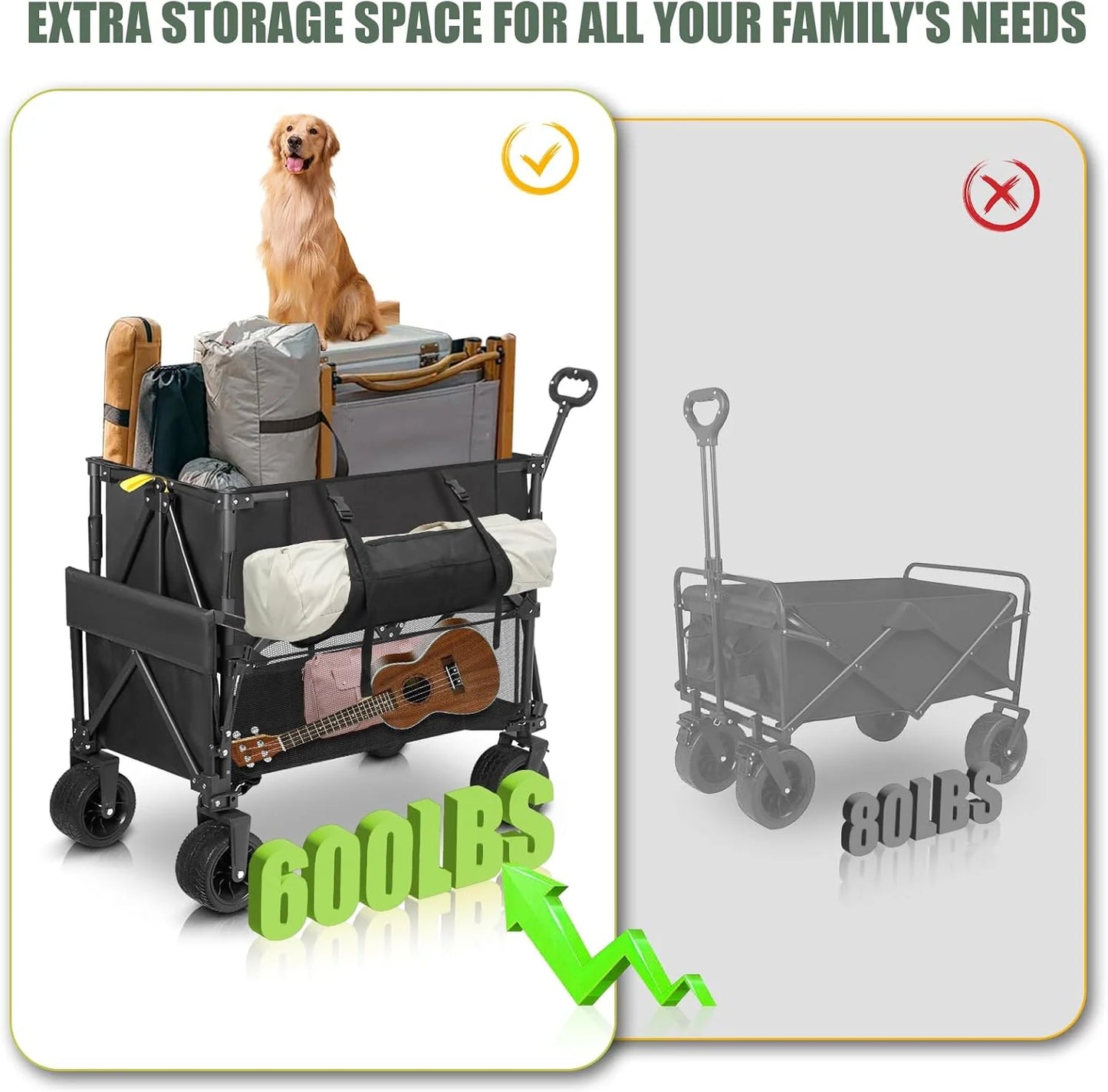 Double Decker Wagon Heavy Duty Collapsible, 600LBS 400L Capacity Foldable Utility Cart with Big Wheels