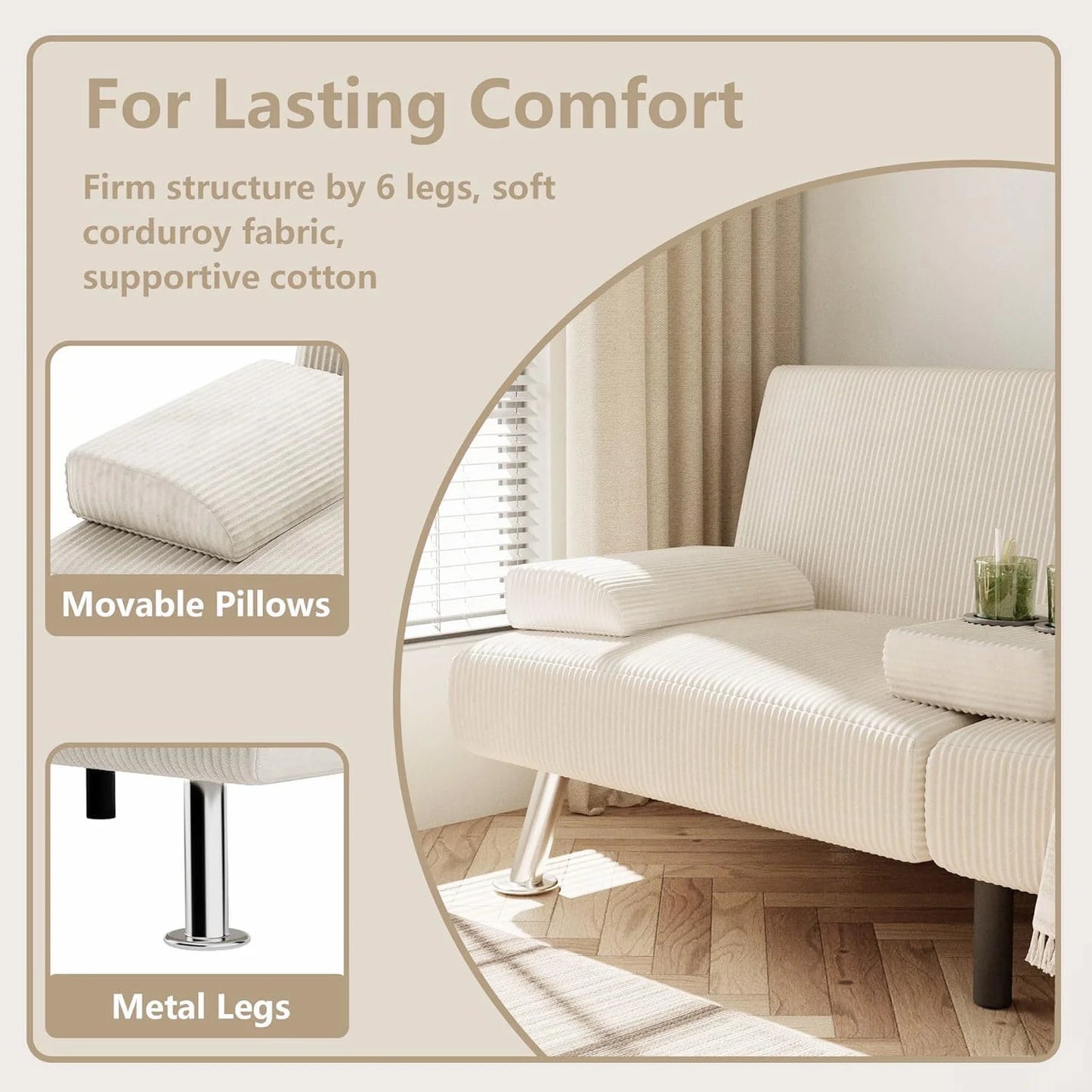 Flamaker Futon Sofa Bed Modern Folding Futon Set Convertible Recliner Lounge for Living Room with 2 Cup Holders, Removable Armrests (PU Leather, Black)