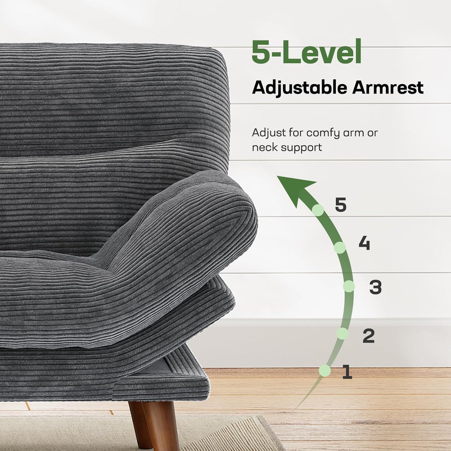 Futon Sofa Bed, Futon Sofa with Adjustable Back and Armrests, Converts to Small Sleeper Sofa Bed Corduroy Loveseat Green