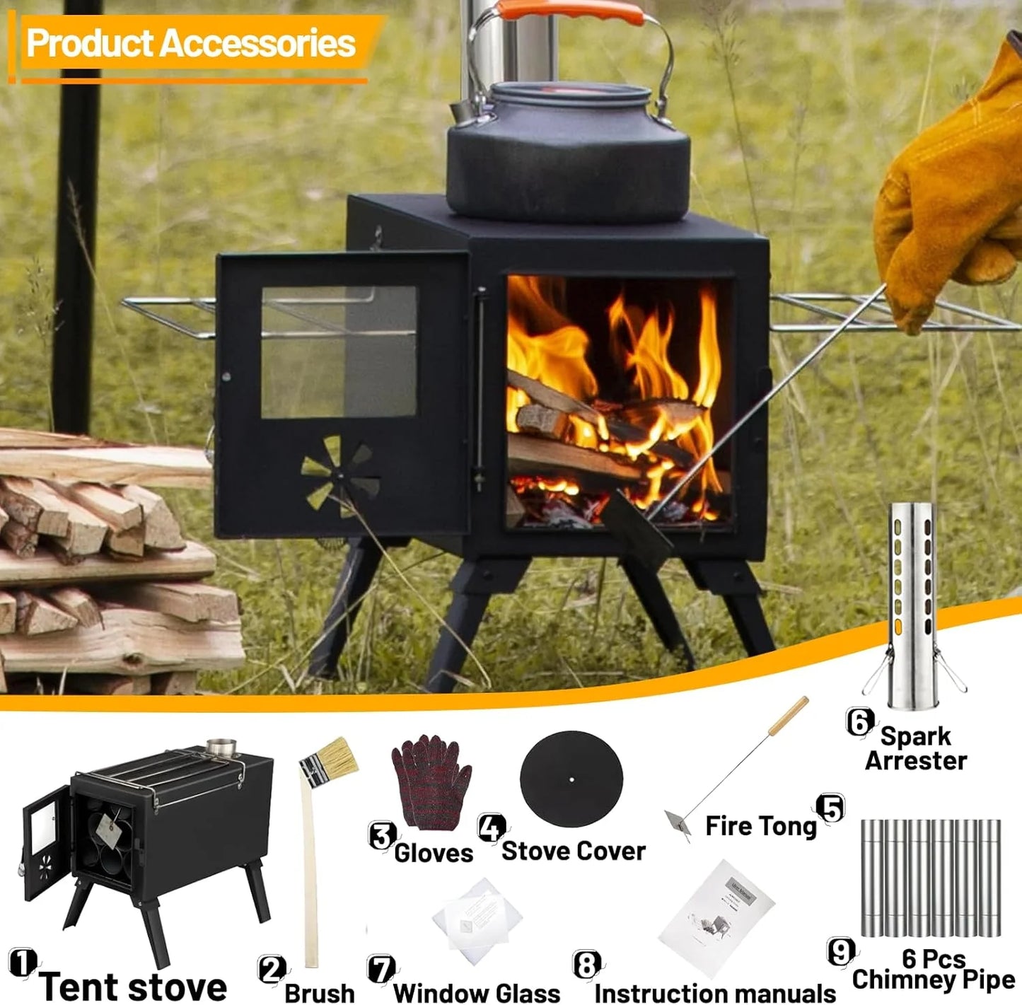 Hot Tent Stove Wood Stove, Small Wood Stove for Outdoor Heating and Cooking, Ice Fishing, Hunting