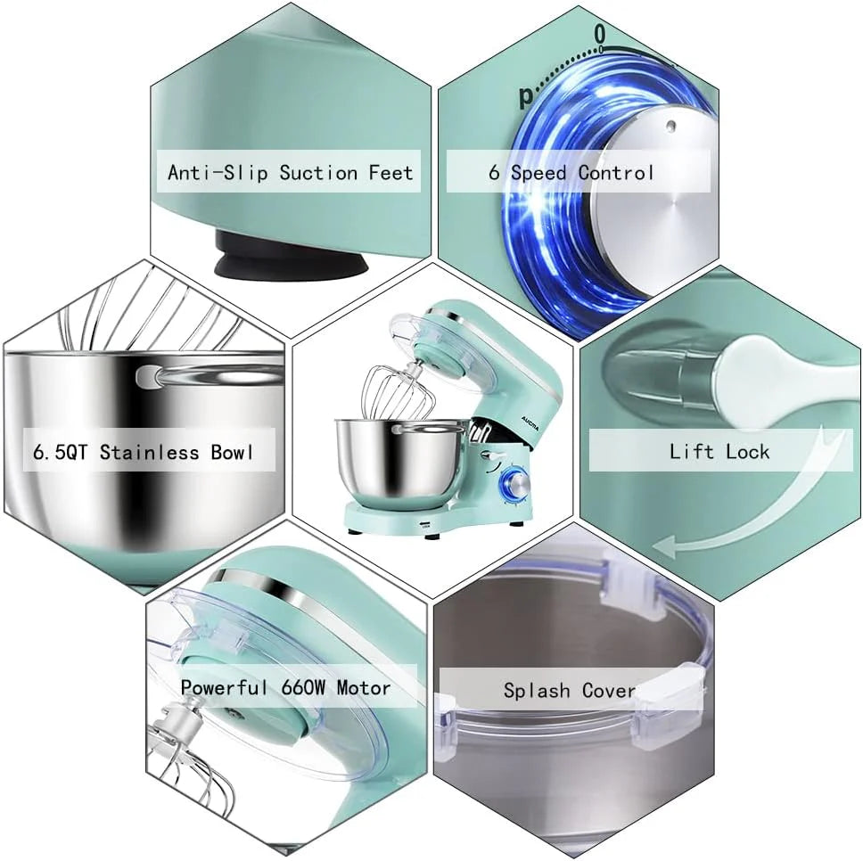 Aucma Stand Mixer,6.5-QT 660W 6-Speed Tilt-Head Food Mixer, Kitchen Electric Mixer with Dough Hook