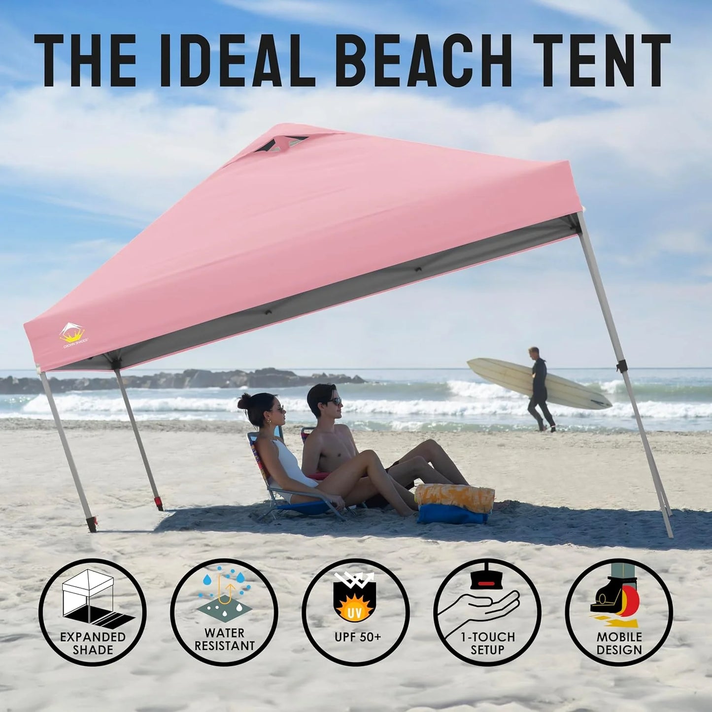 10x10 Pop-Up Awning - One-Click Installation Beach Tent - Outdoor Sunshade Silver Coated Top, 3 Heights and 4 Sand Pockets