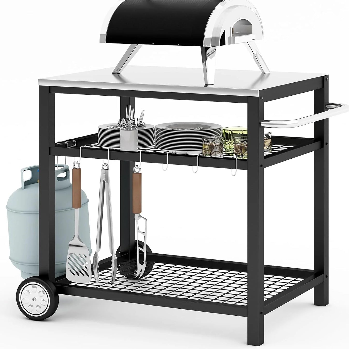 Stainless Steel Outdoor Grill Cart Pizza Oven Stand Trolley Table with Wheels Three-Shelf Movable Food Prep and Work Table Heavy Duty Grill Carts Outdoor Cart 31.5"×24"×35.5"