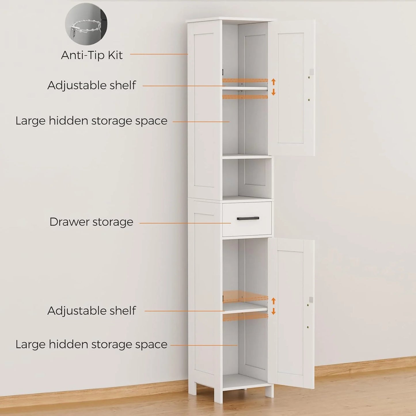 Homhedy 67" H Tall Bathroom Storage Cabinet with 2 Barn Doors and 1 Drawer, Narrow Storage Unit, Adjustable Shelves, Floor Cabinet for Bathroom, Living Room, Entryway, Kitchen, White, (15.7" W)