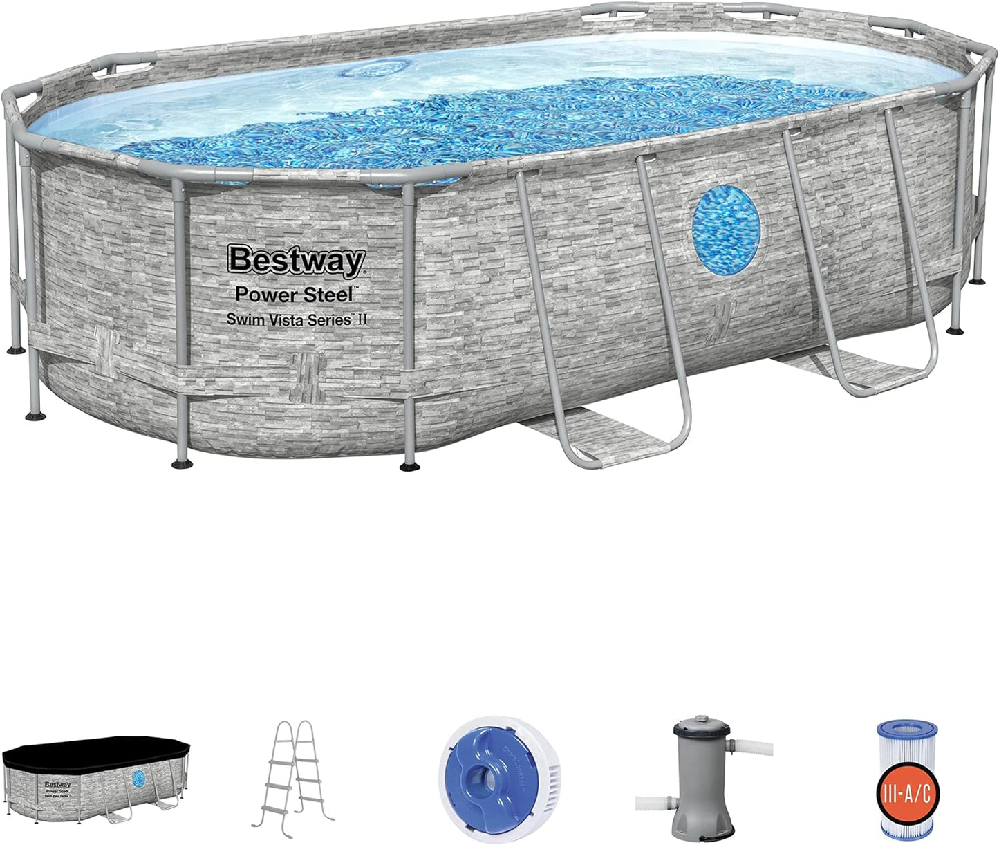 Power Steel 14' x 8'2" x 39.5" Oval Above Ground Pool Set | Includes 530gal Filter Pump, Ladder, ChemConnect Dispener