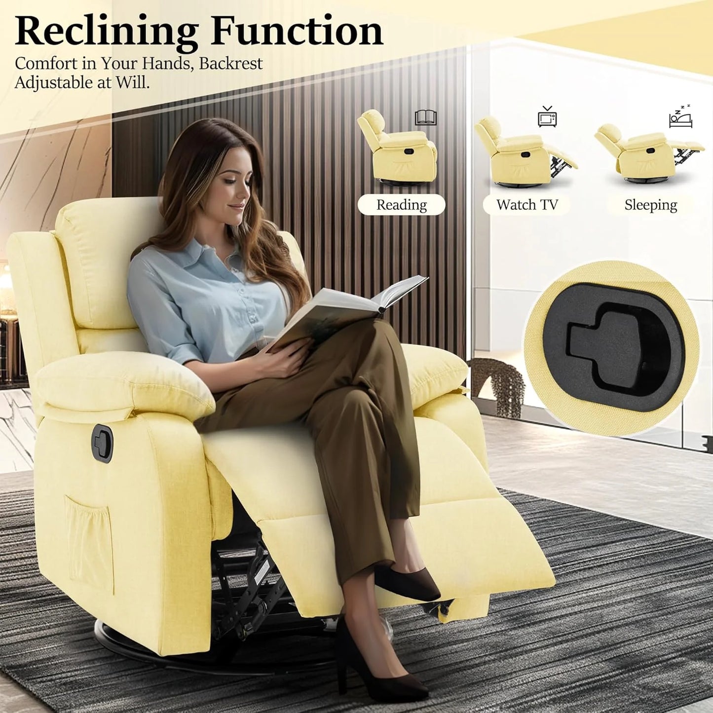 Reclining rocking chair 360 degree rotating fabric sliding reclining chair
