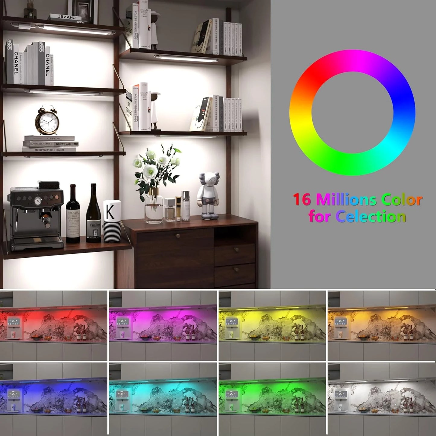 Smart under-cabinet lighting strip, white and color-changing dimmable