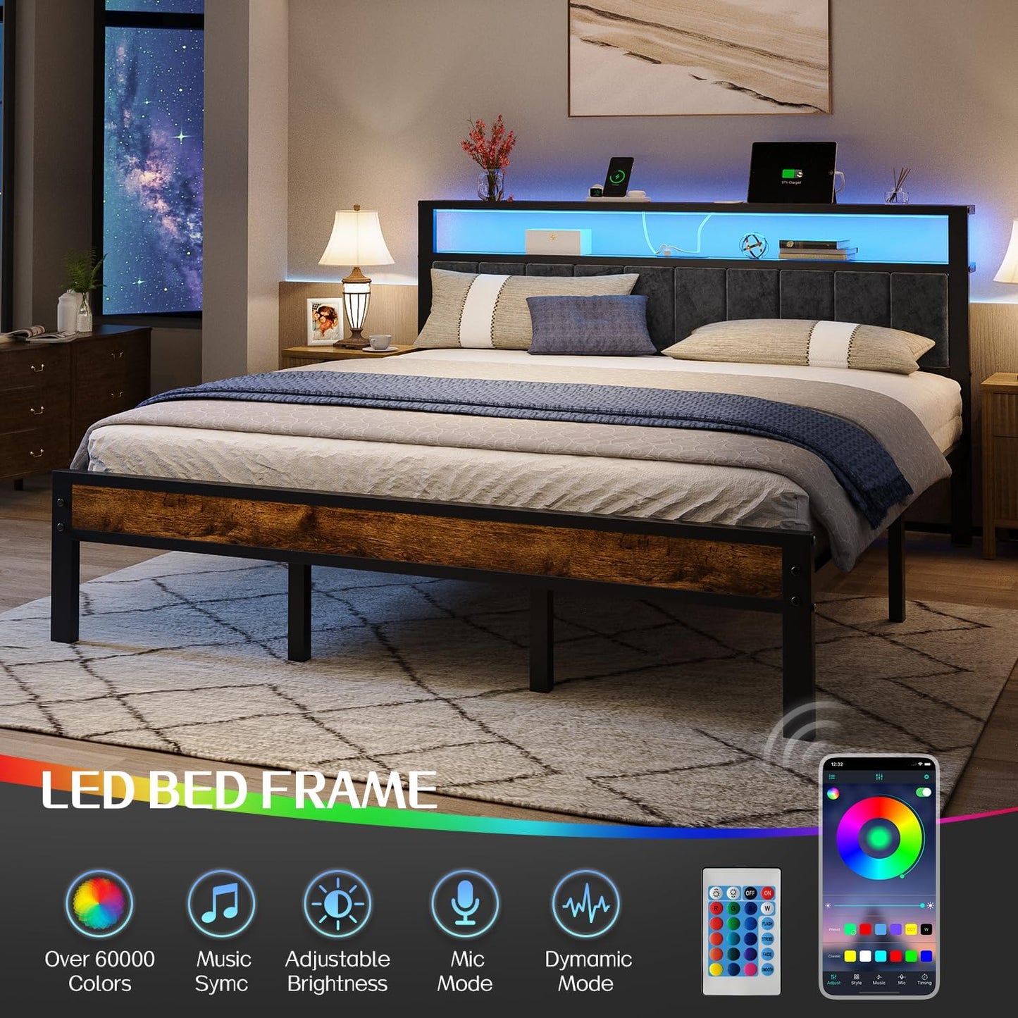 Queen Size Bed Frame with 2-Tier Storage Shelves Headboard, Platform Bed with Charging Station, LED Lights No Box Spring Needed Noise Free