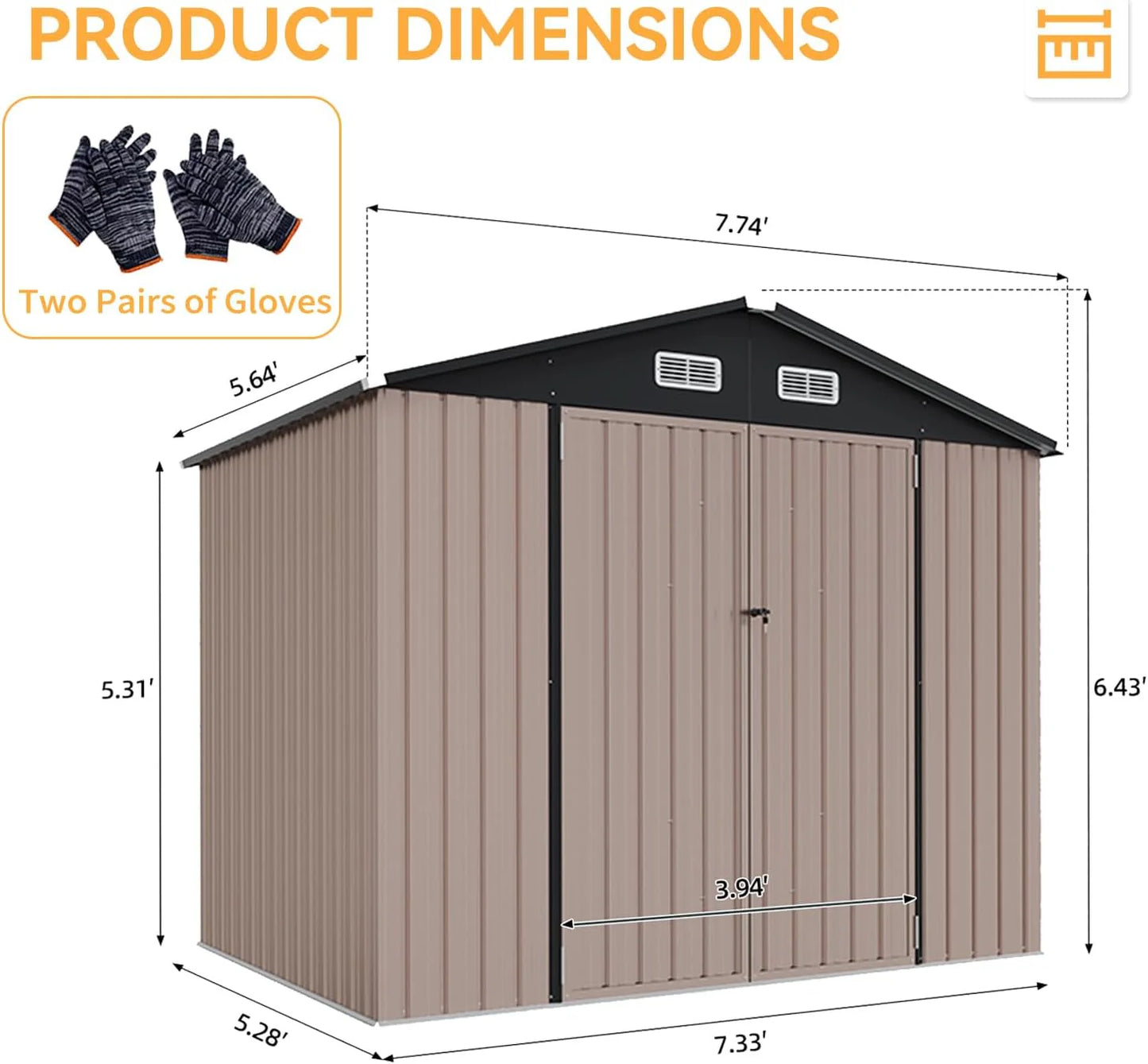 Aoxun 6.2x4 FT Shed Outdoor Storage Shed Metal Garden Shed with Lockable Doors & Slooping Roof Tool Shed Bike Shed for Backyard, Patio, Poolside (Brown)