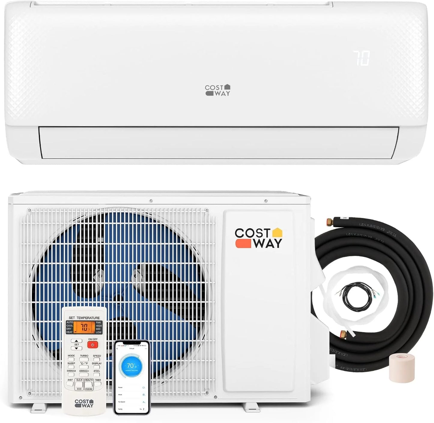 COSTWAY 12000BTU Mini Split Air Conditioner& Heater, 20 SEER2 115V Wall-Mounted Ductless AC Unit Cools Rooms up to 750 Sq. Ft, Energy Efficient Inverter AC with Heat Pump (Blast Series)