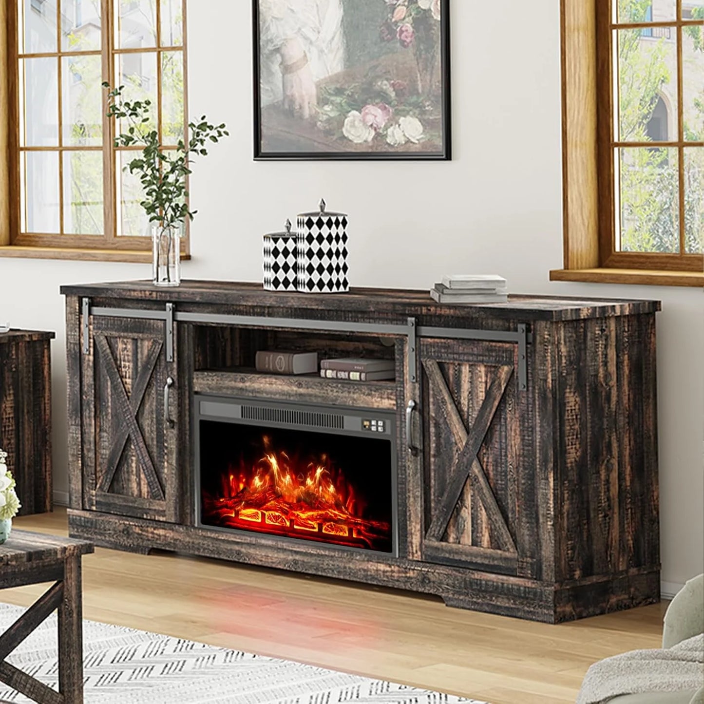 AMERLIFE Fireplace TV Stand with Sliding Barn Door for TVs up to 73", Farmhouse 63" Fireplace Entertainment Center with Storage Cabinets/Adjustable Shelves