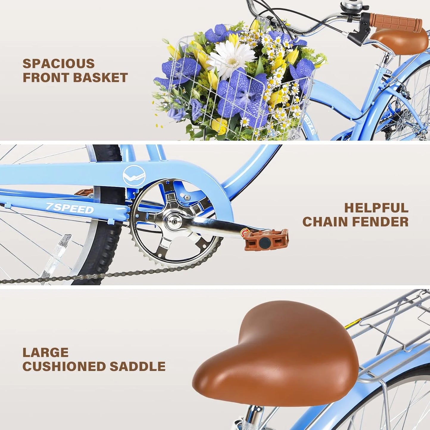 WEIZE Beach Cruiser Bike, 26 inch Commuter Bicycle for Adult Men and Women, 7-Speed/High-Carbon Steel/Front & Rear Fenders, Comfortable City Bikes with Rear Rack or Basket, Ergonomic Upright Design