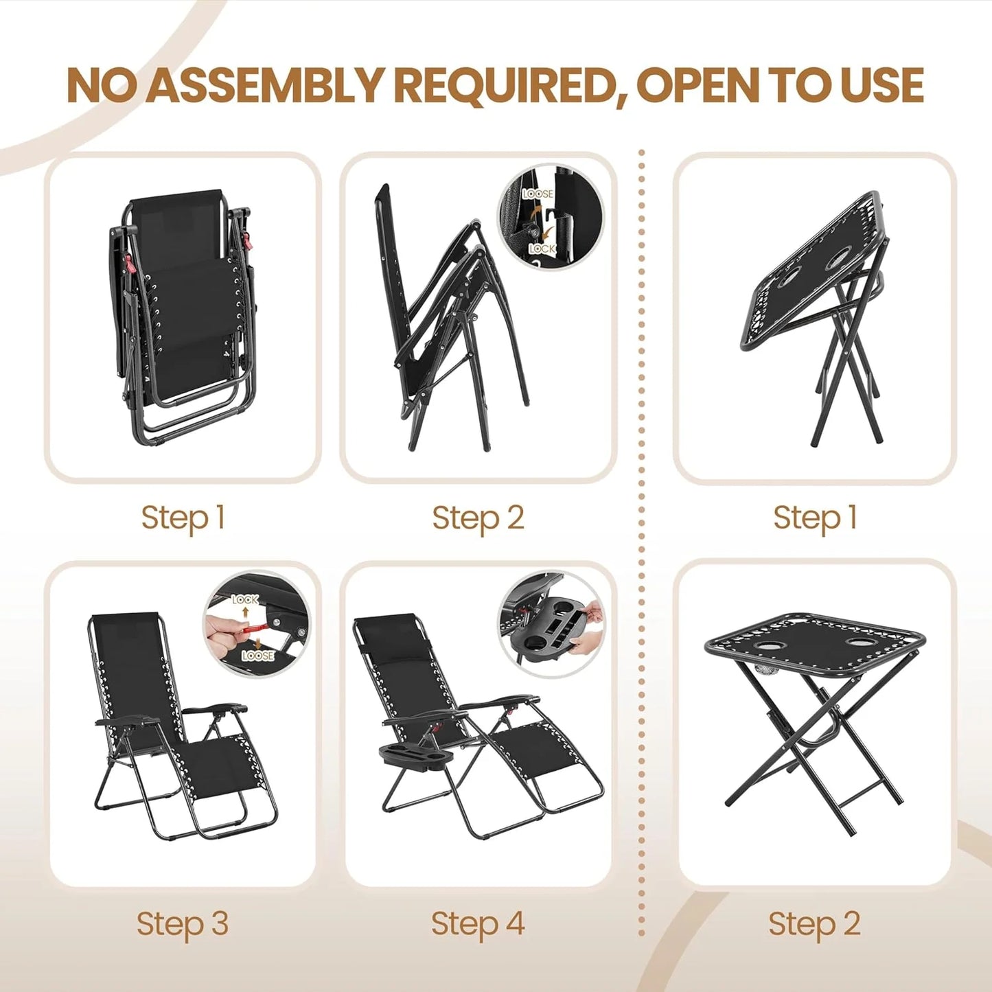 3PCS Zero Gravity Recliner Portable Outdoor Reclining Chair Set w/Side Table Folding Chaise Lounge Chairs