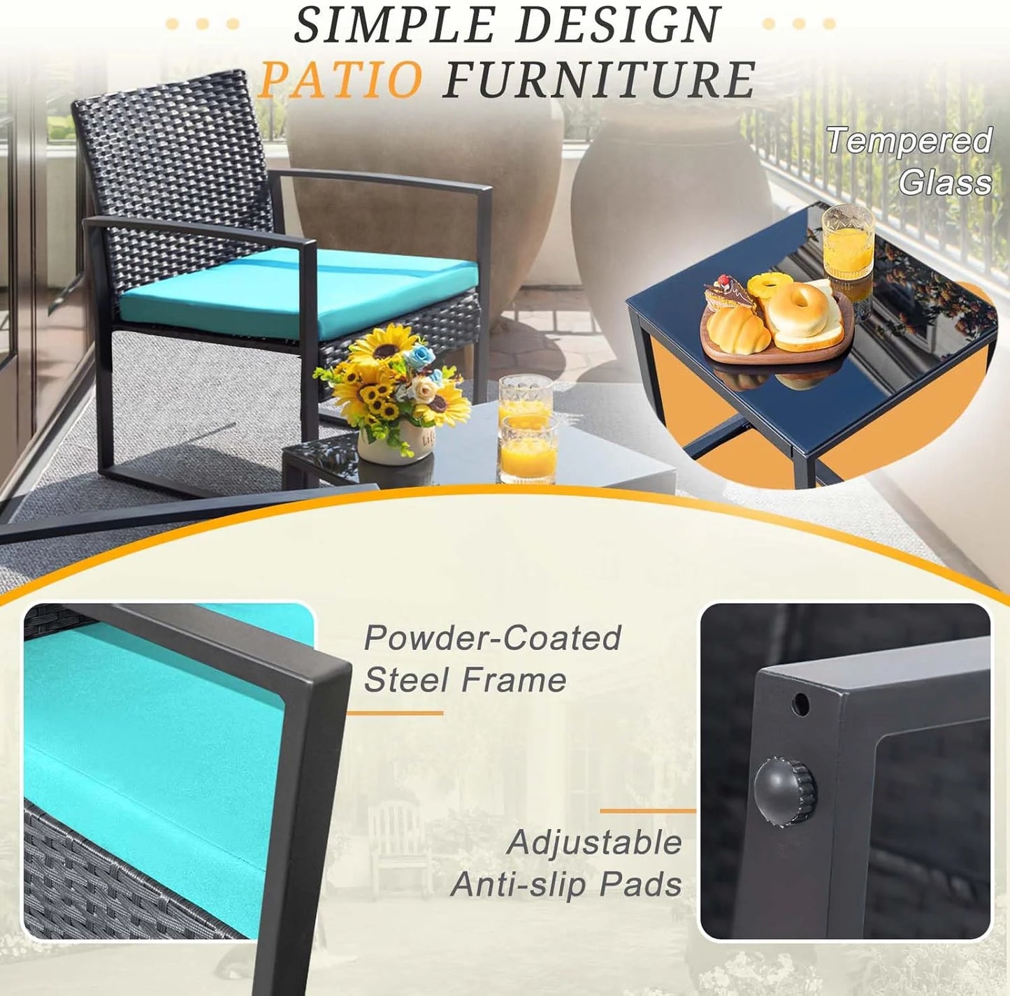 Flamaker 3 Pieces Patio Set Outdoor Wicker Furniture Sets Modern Rattan Chair Conversation Sets with Coffee Table for Yard and Bistro (Black)