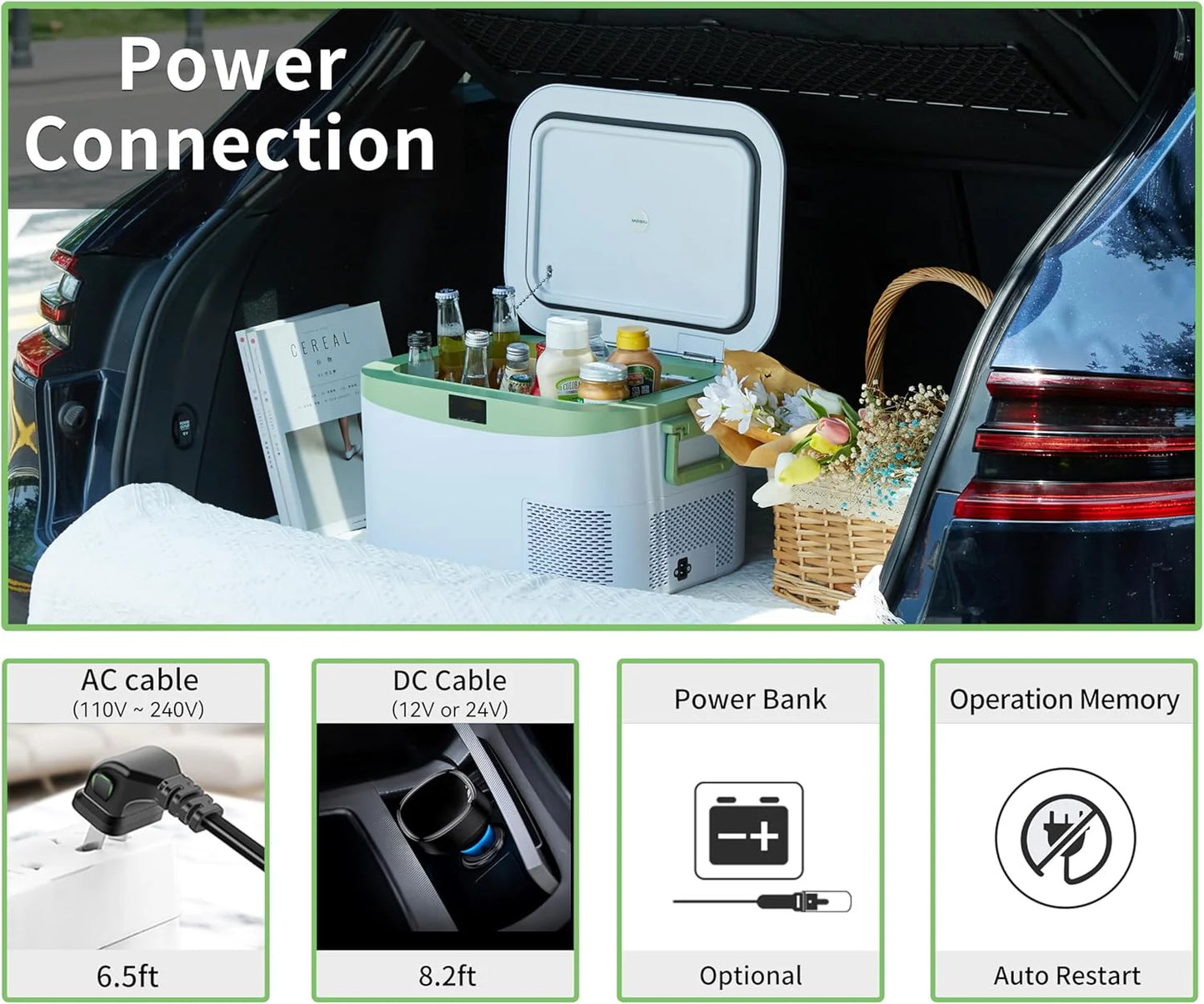 Car Fridge Portable 12 Volt Refrigerator 23 Quart (22 Liter) Freezer Compressor Cooler 12V/24V DC 110～240 V AC for Outdoor, Camping, Travel, Home Use -18℃~+15℃ (Green)