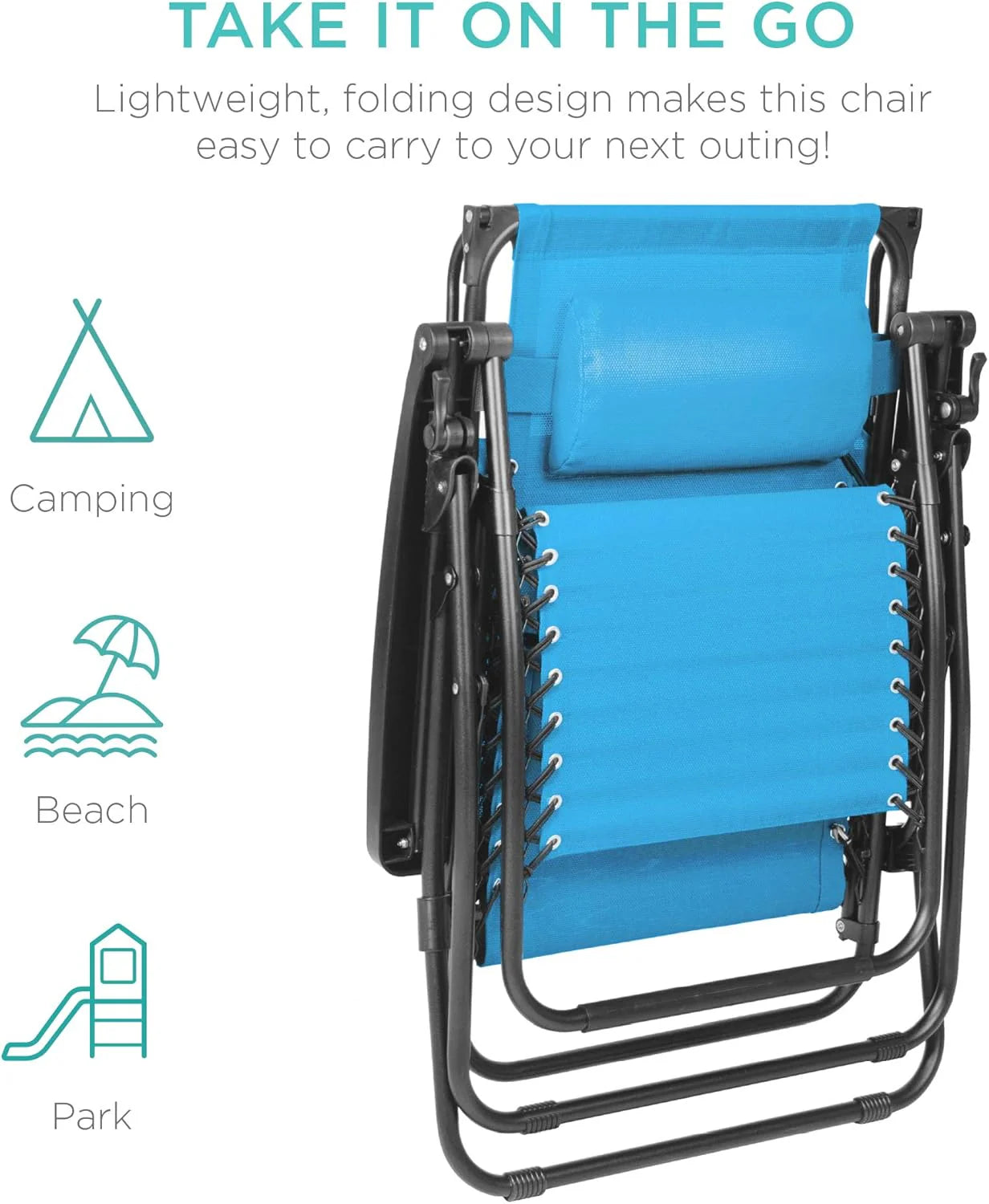 Best Choice Products Folding Zero Gravity Outdoor Recliner Patio Lounge Chair w/Adjustable Canopy Shade, Headrest, Side Accessory Tray, Textilene Mesh - Peacock Blue