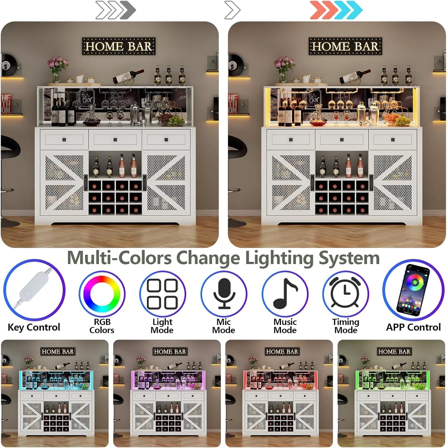 Wine Bar Cabinet with LED Light, Liquor Cabinet with Glass Holder, Coffee Bar for Liquor, Storage Buffet with Wine Racks, Wine Cabinet