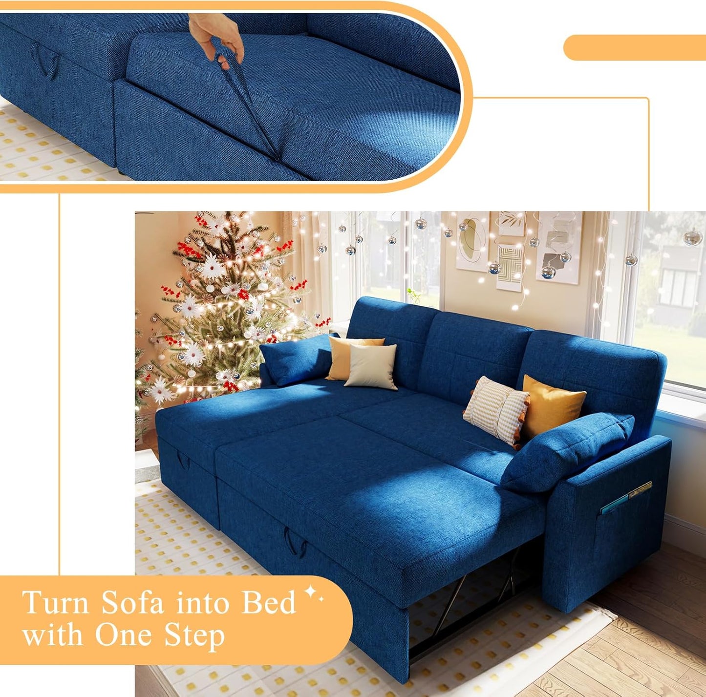VanAcc Sofa Bed, Sleeper Sofa with Storage Chaise- 2 in 1 Pull Out Couch Living Room, Comfy Sleeper Couch
