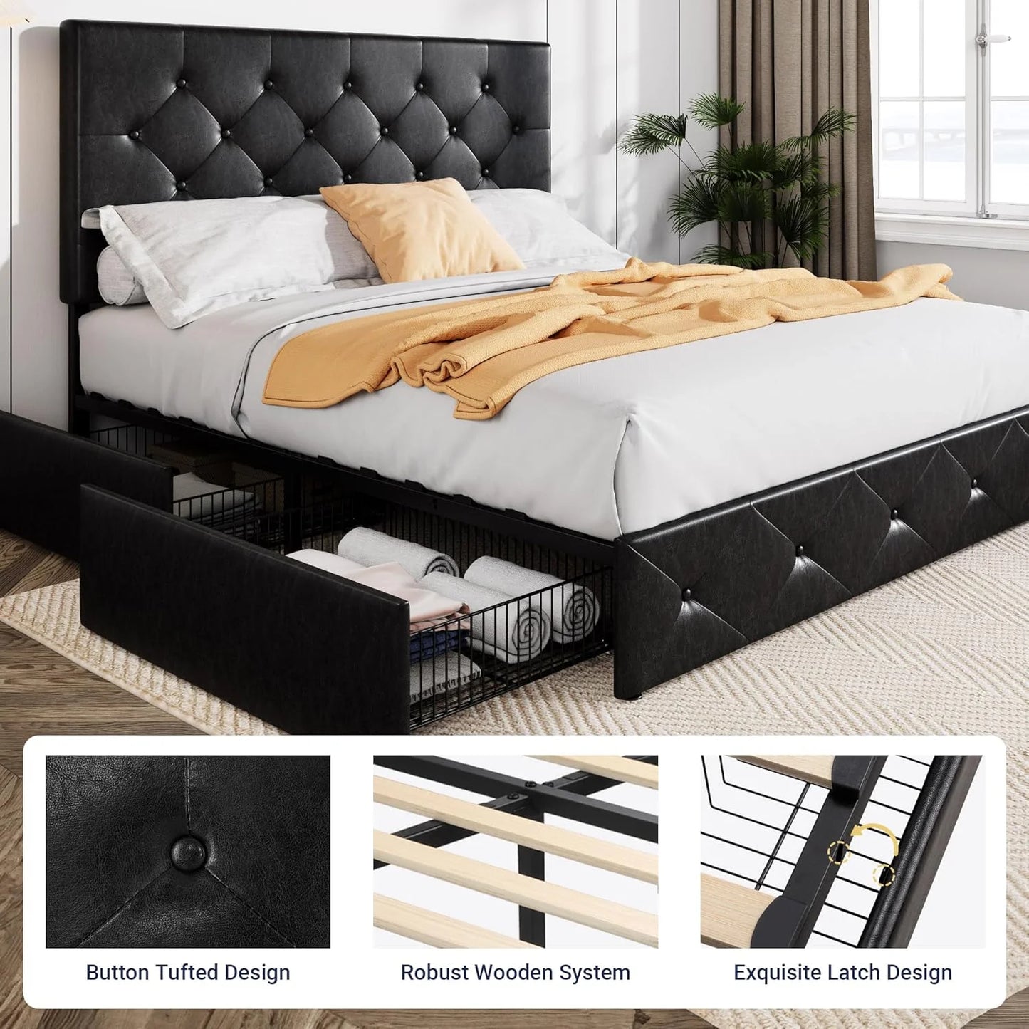 Allewie Upholstered Queen Size Platform Bed Frame with 4 Storage Drawers and Headboard, Square Stitched Button Tufted, Mattress Foundation with Wooden Slats Support, No Box Spring Needed