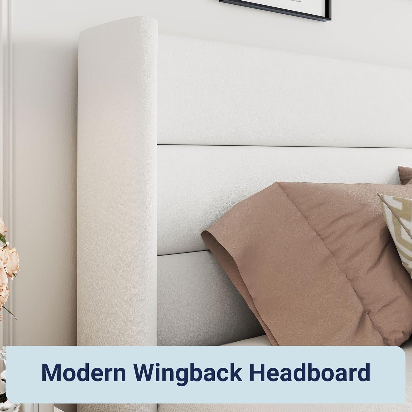 Allewie Queen Size Lift Up Storage Bed, Modern Wingback Headboard, Hydraulic Support, No Box Spring Needed, Light Beige