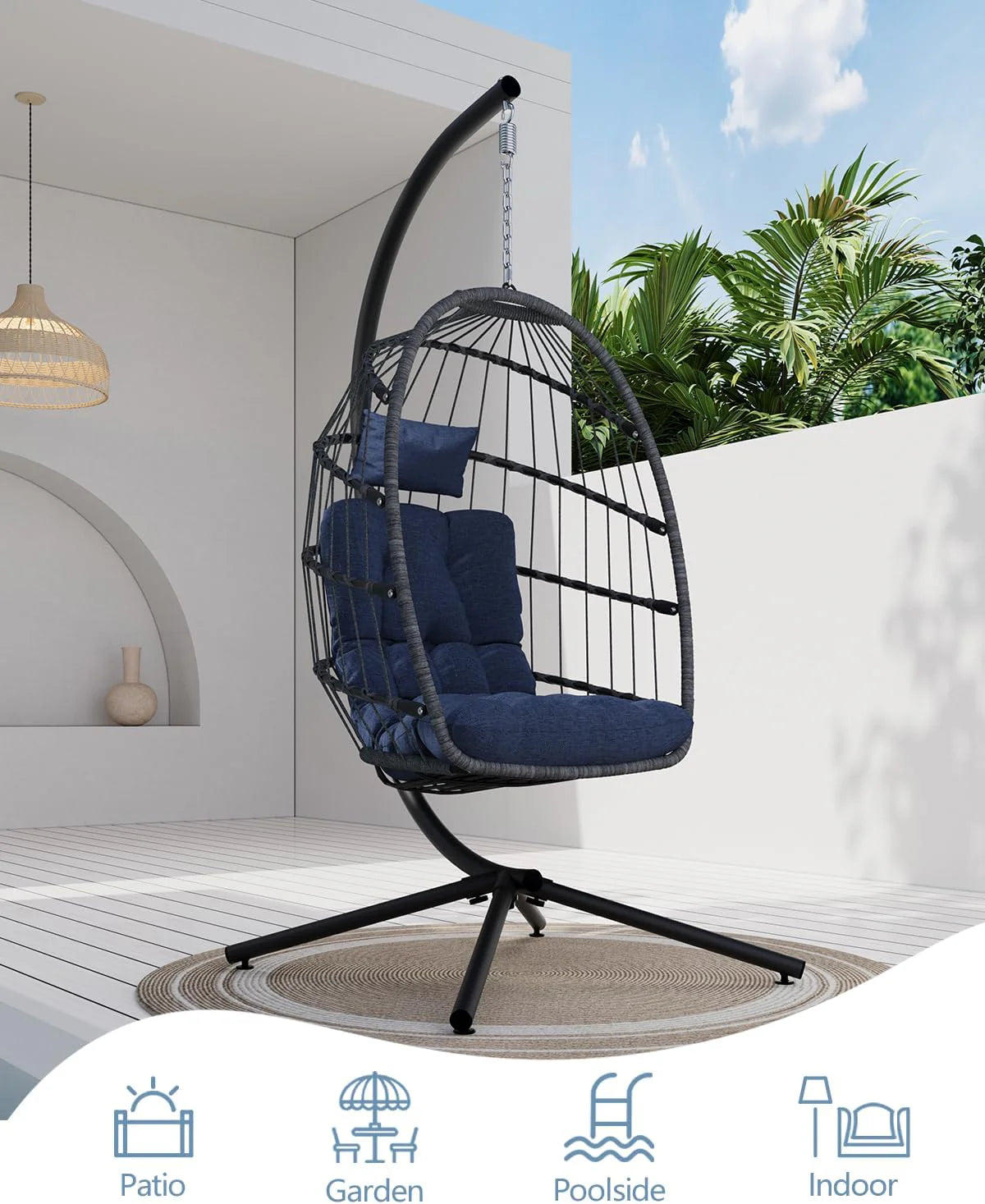 SWITTE Egg Chair Outdoor with Stand, Indoor Wicker Hanging Egg Swing Chair with Cushion, 350lbs Capacity for Patio, Bedroom