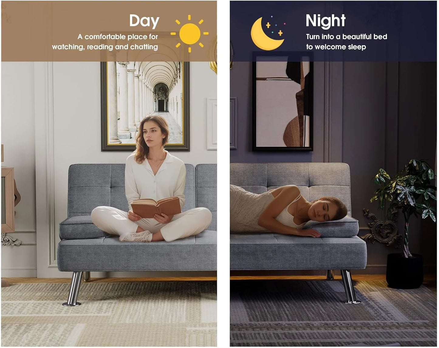 Flamaker Futon Sofa Bed Modern Folding Futon Set Convertible Recliner Lounge for Living Room with 2 Cup Holders, Removable Armrests (PU Leather, Black)