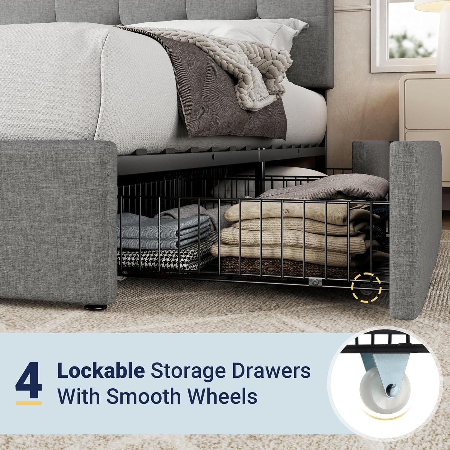 Allewie Upholstered Queen Size Platform Bed Frame with 4 Storage Drawers and Headboard, Square Stitched Button Tufted, Mattress Foundation with Wooden Slats Support, No Box Spring Needed