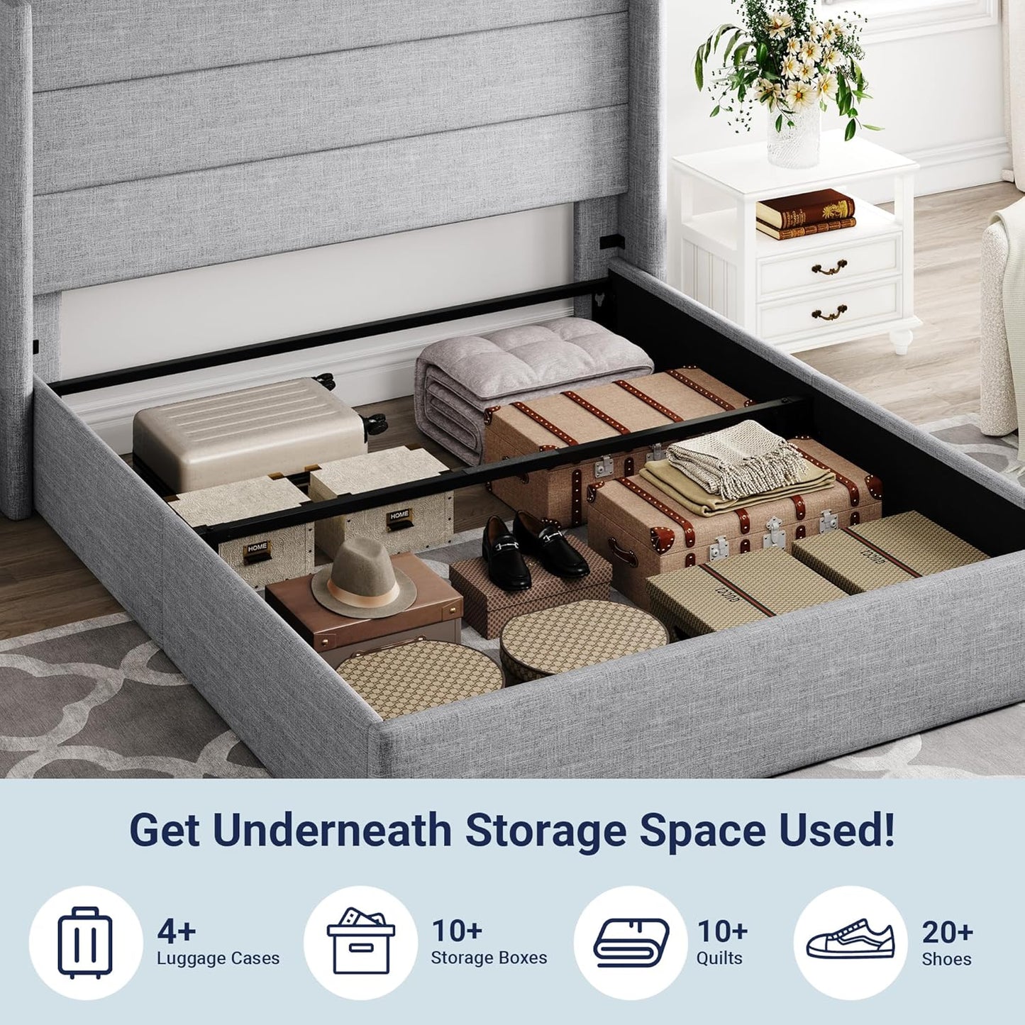 Allewie Queen Size Lift Up Storage Bed, Modern Wingback Headboard, Hydraulic Support, No Box Spring Needed, Light Beige