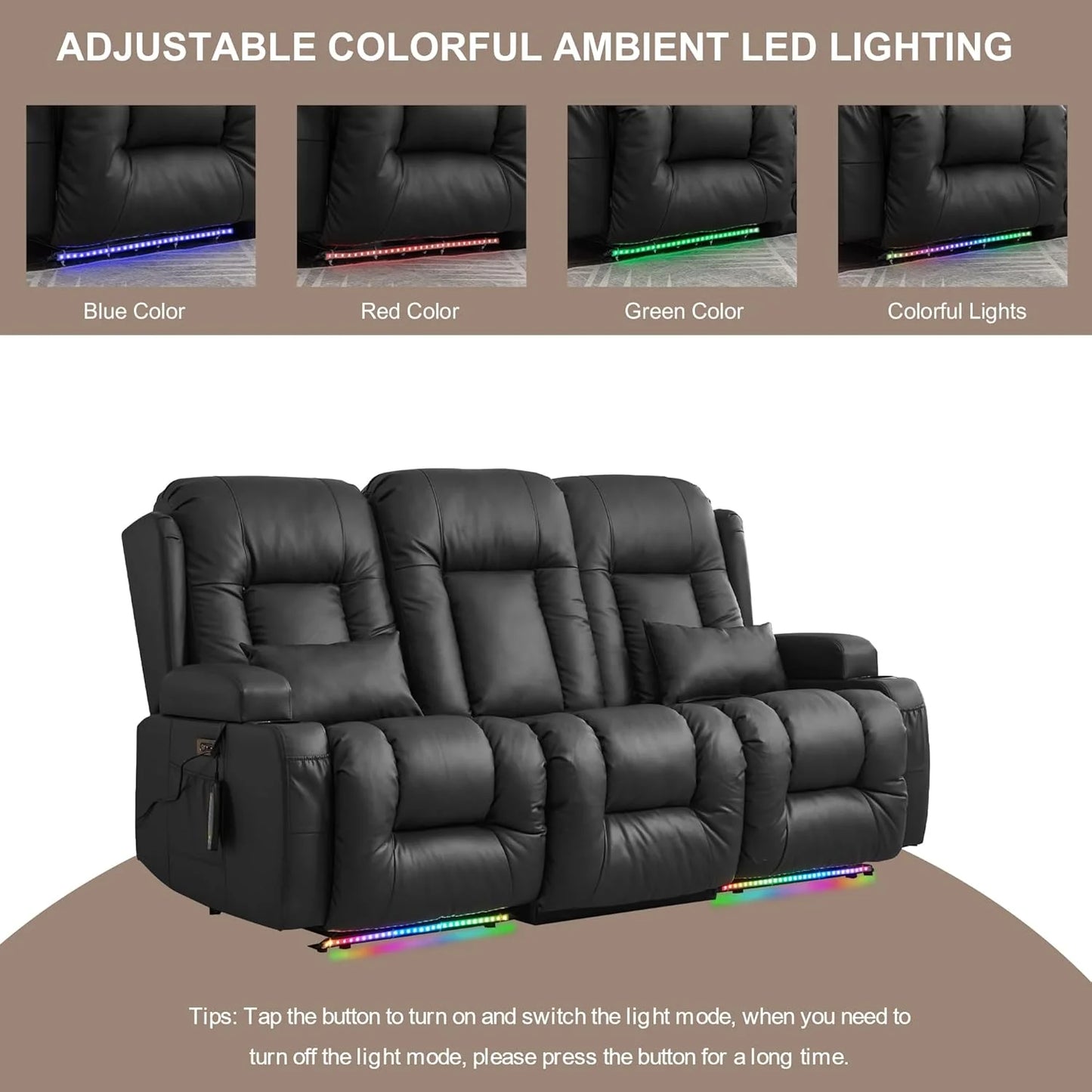 TUNYI Power Loveseat Recliner Sofa with Massage & Heat Home Theater Seating with Console Electric Recliner RV Sofa with USB/Outlet/Storage/Side Pocket/LED Light/Speaker (Brown, Loveseat)