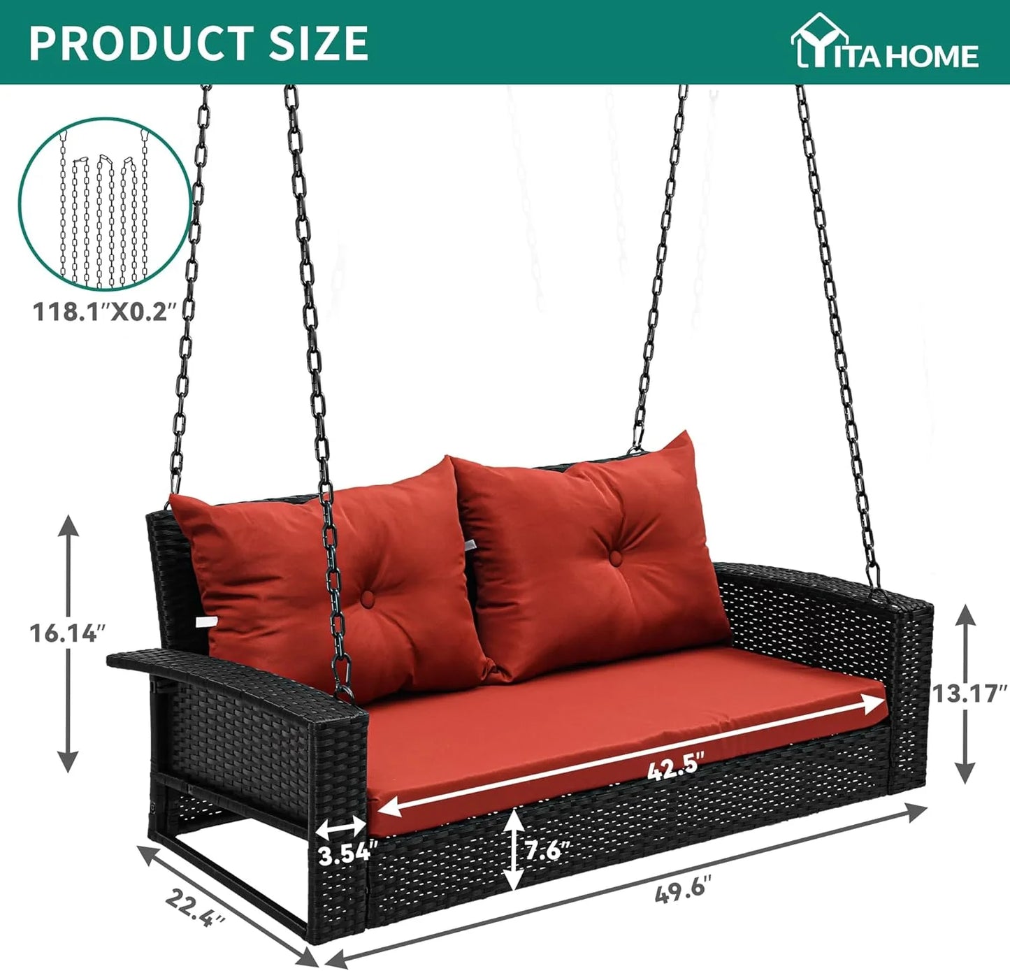 YITAHOME Hanging Porch Swing Chair Sits 3 People, Wicker Outdoor Swing Bench, Patio Lounge Chair, 1 Seating Cushion and 3 Back Cushions, w/Removable Covers, for Garden, Balcony, Backyard, Brown