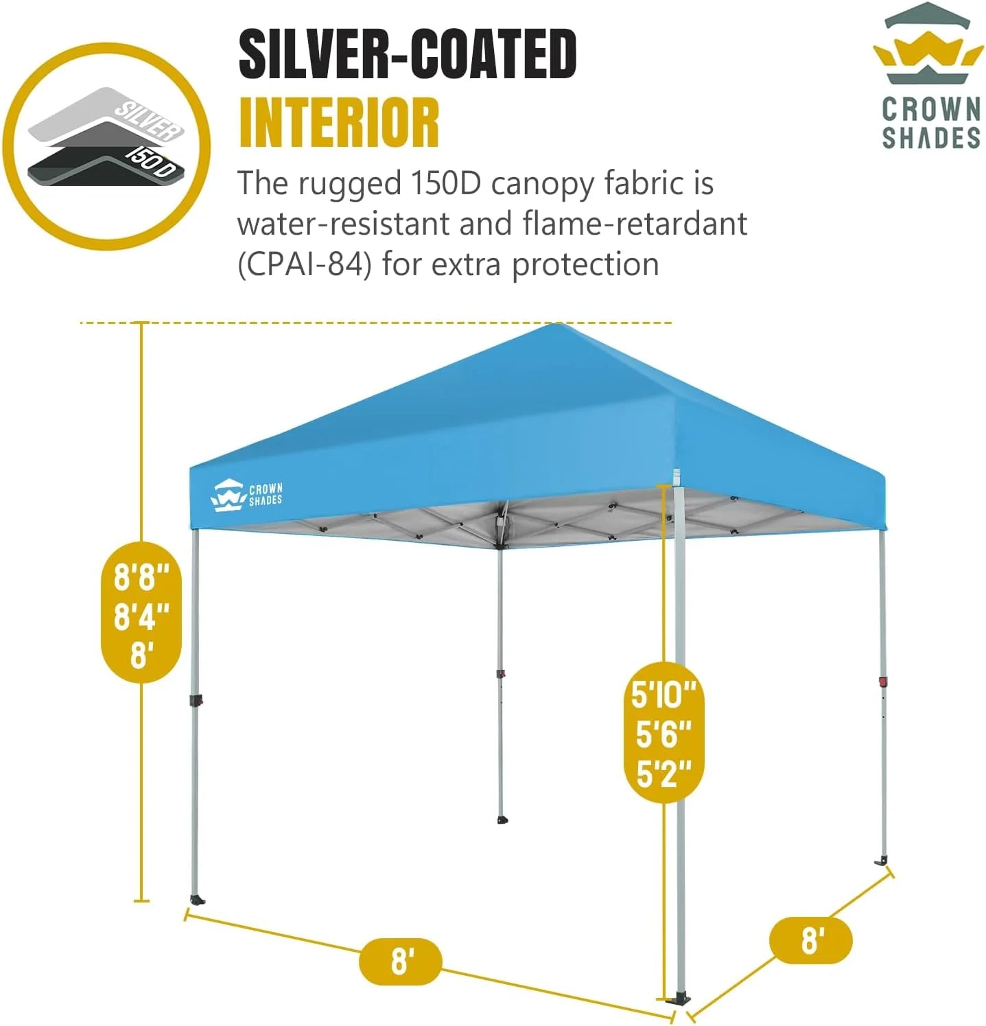 10x10 Pop-Up Awning - One-Click Installation Beach Tent - Outdoor Sunshade Silver Coated Top, 3 Heights and 4 Sand Pockets
