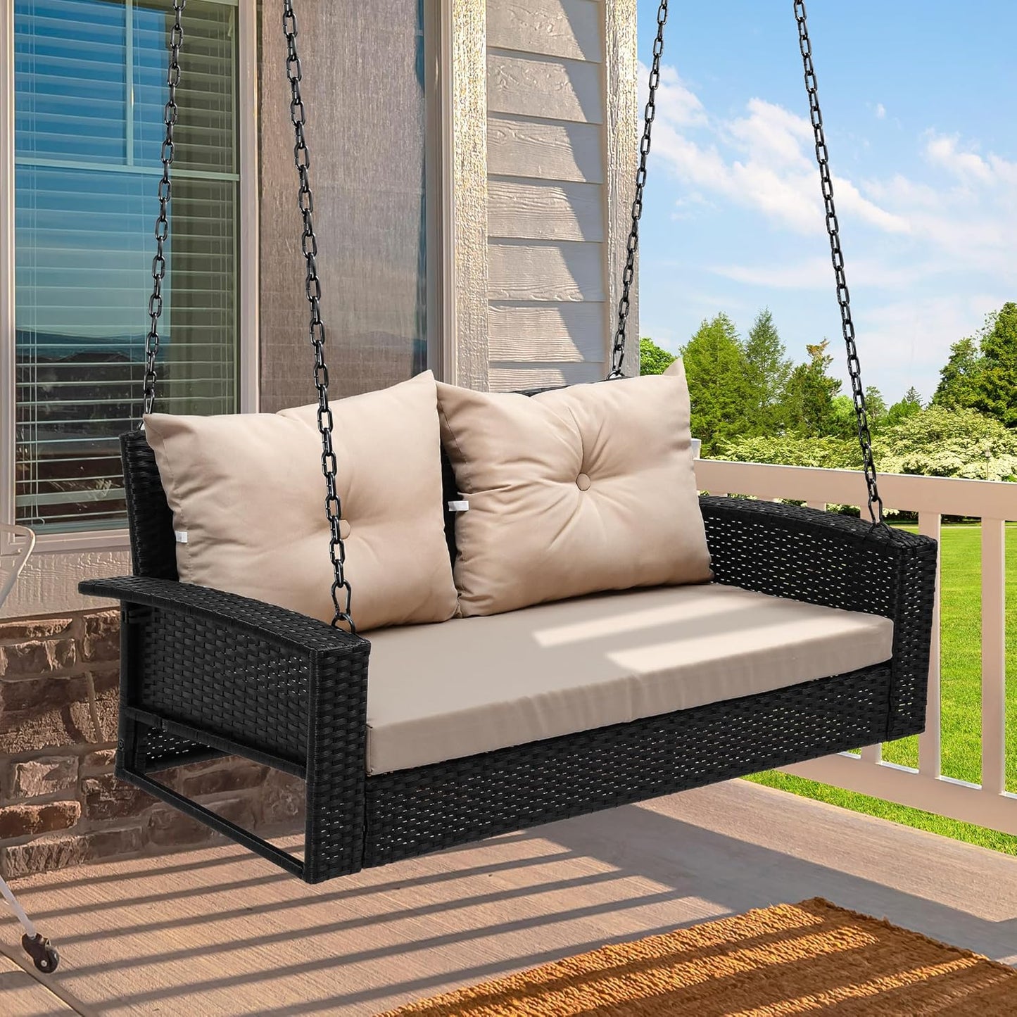 YITAHOME Hanging Porch Swing Chair Sits 3 People, Wicker Outdoor Swing Bench, Patio Lounge Chair, 1 Seating Cushion and 3 Back Cushions, w/Removable Covers, for Garden, Balcony, Backyard, Brown