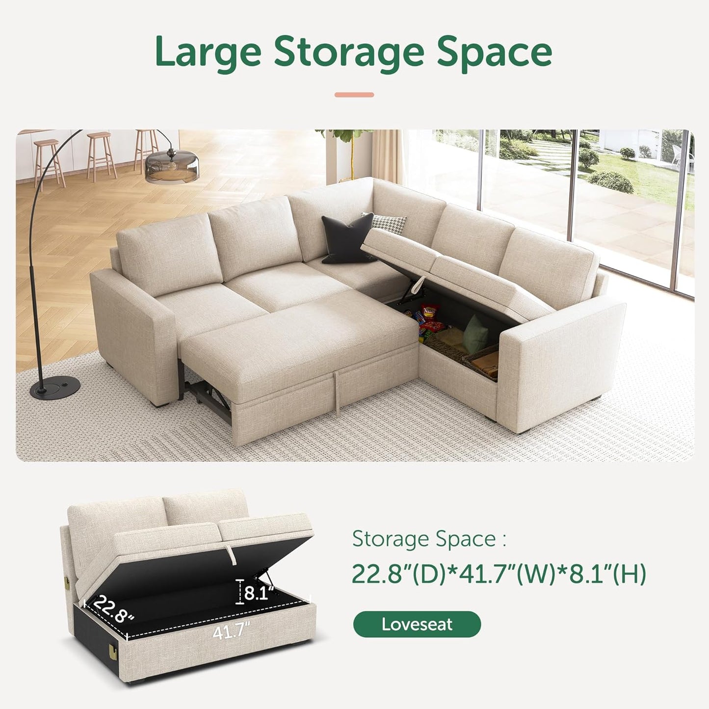 HONBAY Modular Sectional Sleeper Sofa with Pull Out Bed, L Shaped Couch with Storage Seat, Convertible Sectional Couches for Living Room