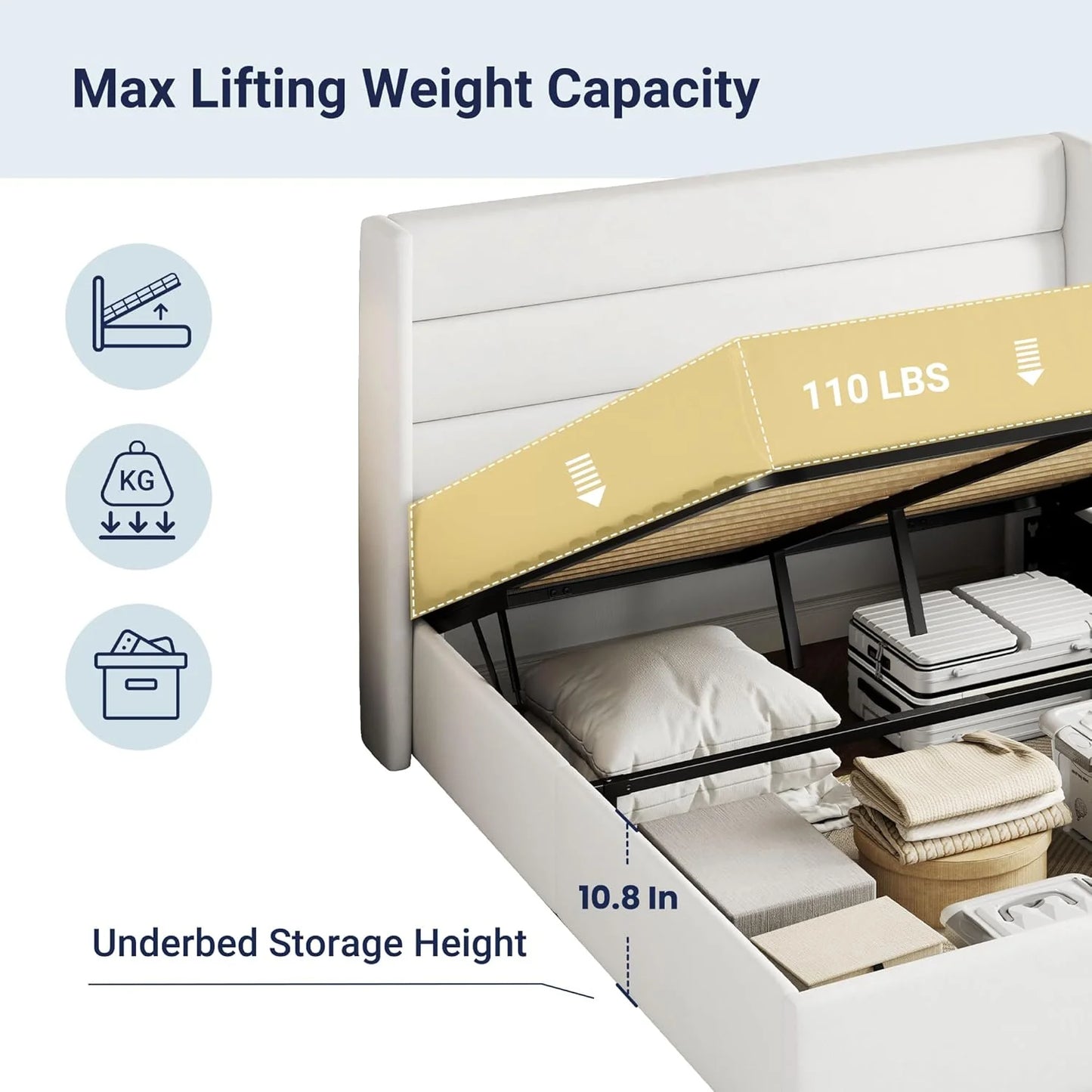 Allewie Queen Size Lift Up Storage Bed, Modern Wingback Headboard, Hydraulic Support, No Box Spring Needed, Light Beige