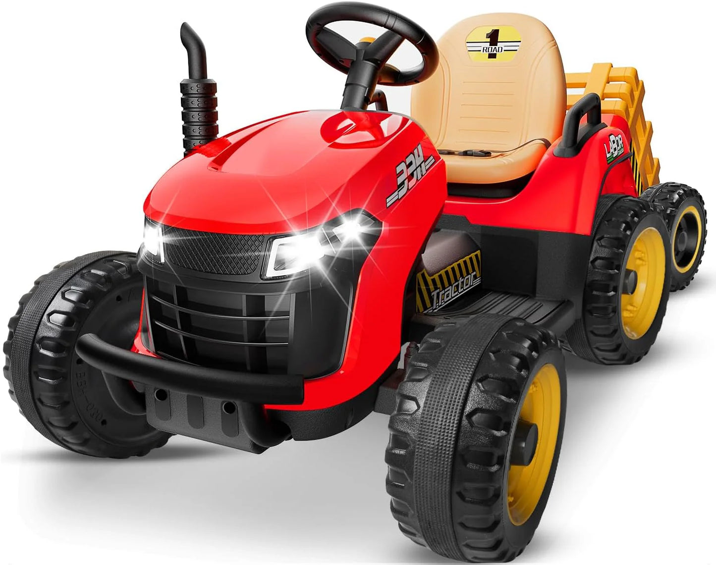 24V Ride On Tractor w/Tiltable & Detachable Trailer, 2x65W Motors, EVA Tires, Remote Control, Bluetooth, Shifter, Music, Electric Car for Kids, Green