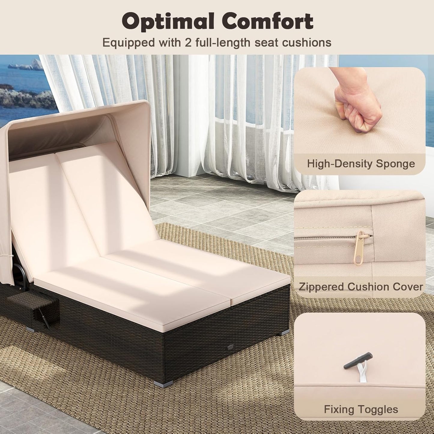 RELAX4LIFE Outdoor Daybed with Retractable Canopy - Wicker Double Chaise Lounge w/6-Position Backrest, 2 Folding Side Trays & Cushions, 2-Seater Loveseat Sunbed for Backyard, Rattan Patio Bed Lounger