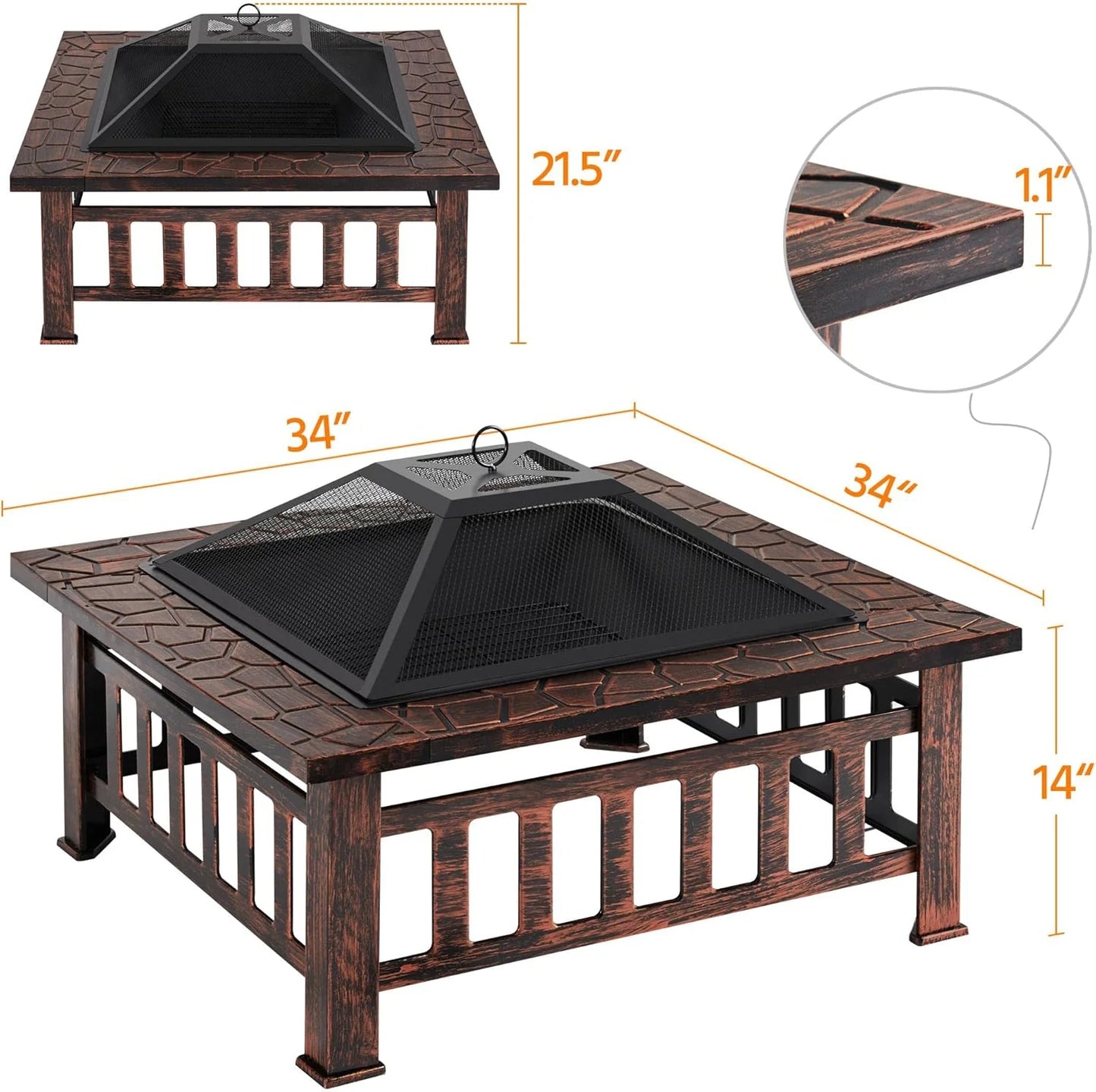 Yaheetech Multifunctional Fire Pit Table 32in Square Metal Firepit Stove Backyard Patio Garden Fireplace for Camping, Outdoor Heating, Bonfire and Picnic