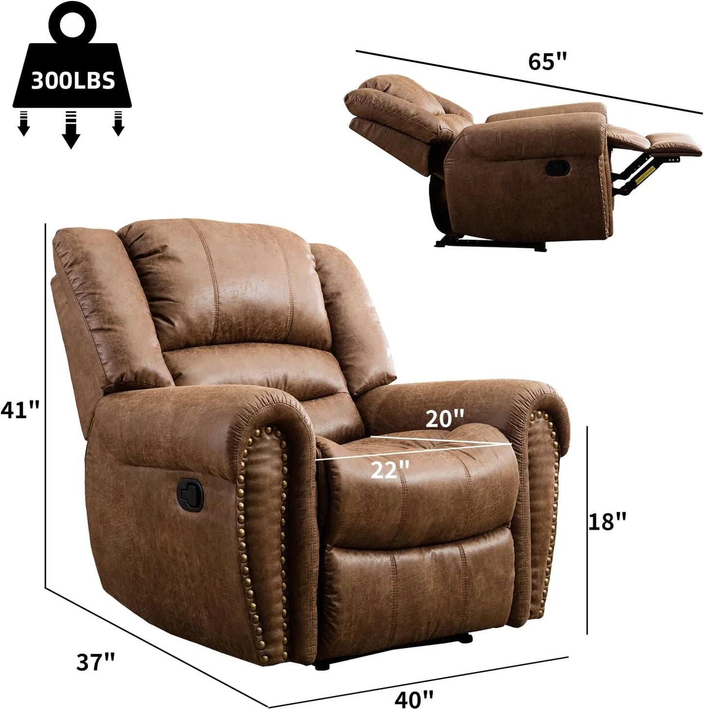 Leather recliner, classic traditional manual recliner, single sofa for living room