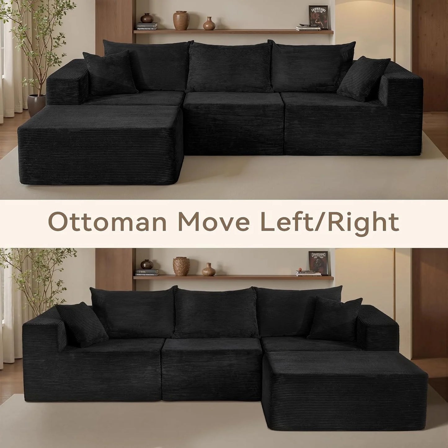 Cloud sofa with L-shaped lounge chair, modern modular sofa with deep seats