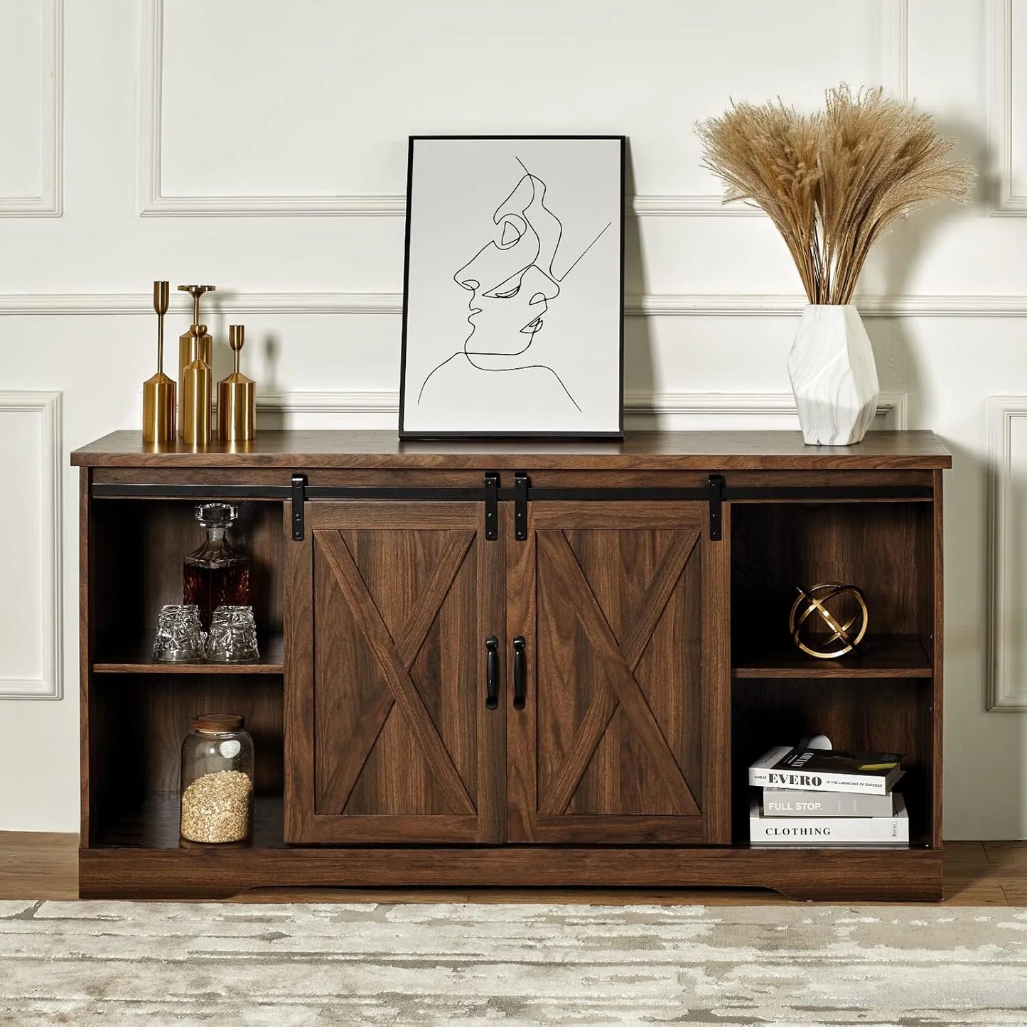 AMERLIFE Fireplace TV Stand with Sliding Barn Door for TVs up to 73", Farmhouse 63" Fireplace Entertainment Center with Storage Cabinets/Adjustable Shelves