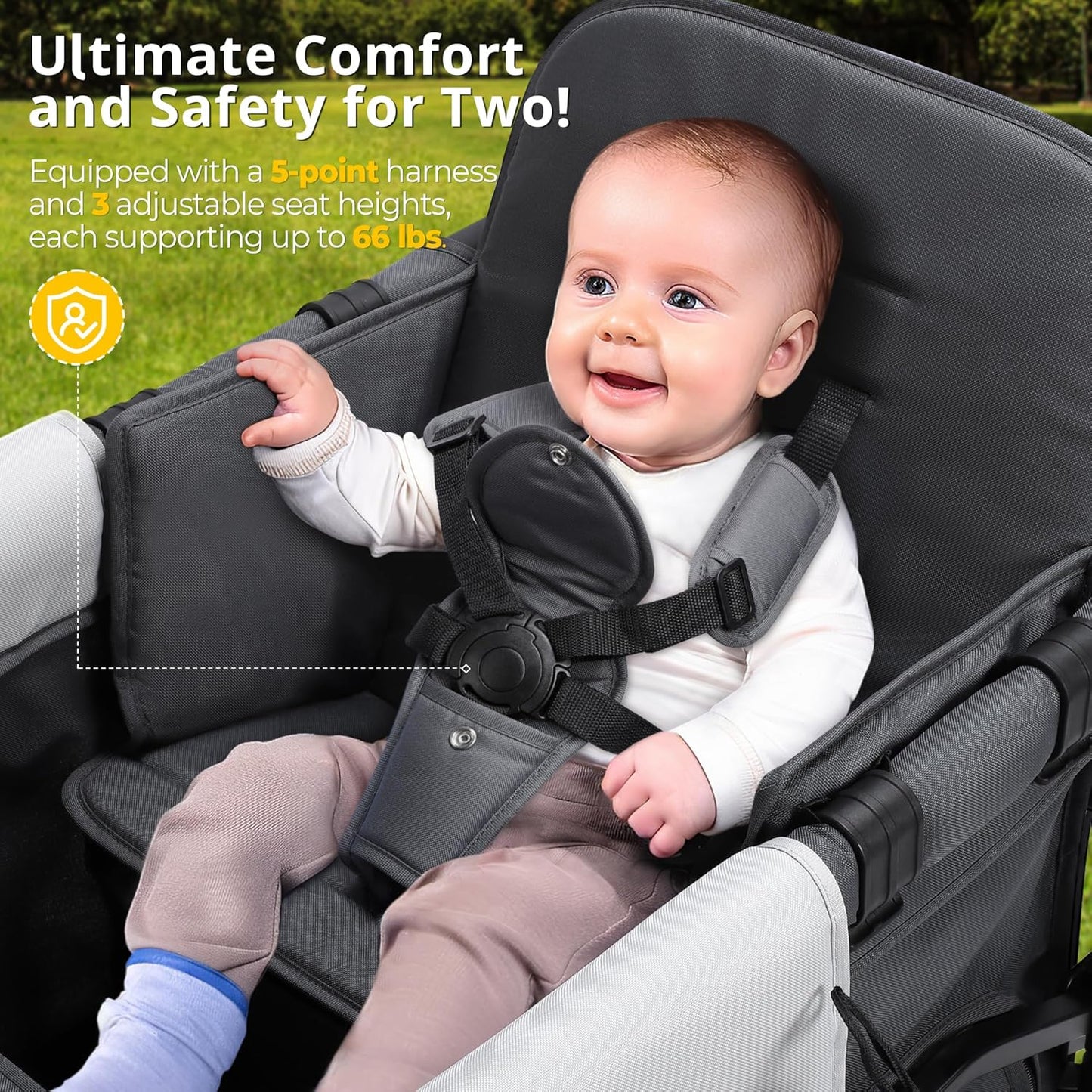 Stroller Wagon for Kids, Wagon Stroller Toddlers 2 Seaters, All-Terrain Baby Wagon Outdoor with Canopy, Parent Organizer, Adjustable Handle & Pull Bar for Infants and Toddlers, Gray