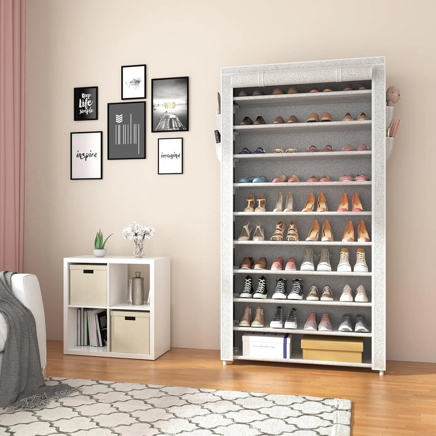 ROJASOP 10 Tier Shoe Rack with Covers,Large Capacity Stackable Tall Shoe Shelf Storage to 50-55 Pairs Shoes and Boots Sturdy Metal Free Standing Shoe Rack Organizer for Closet Entryway Garage