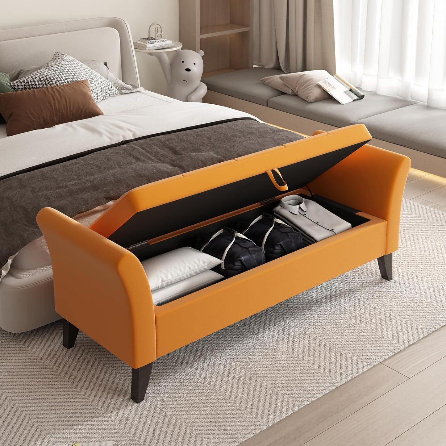Furniliving Modern Storage Ottoman Bench, Sherpa Ottoman End of Bed Bench with Solid Wood Legs Upholstered Ottoman Benches with Storage Indoor Bench