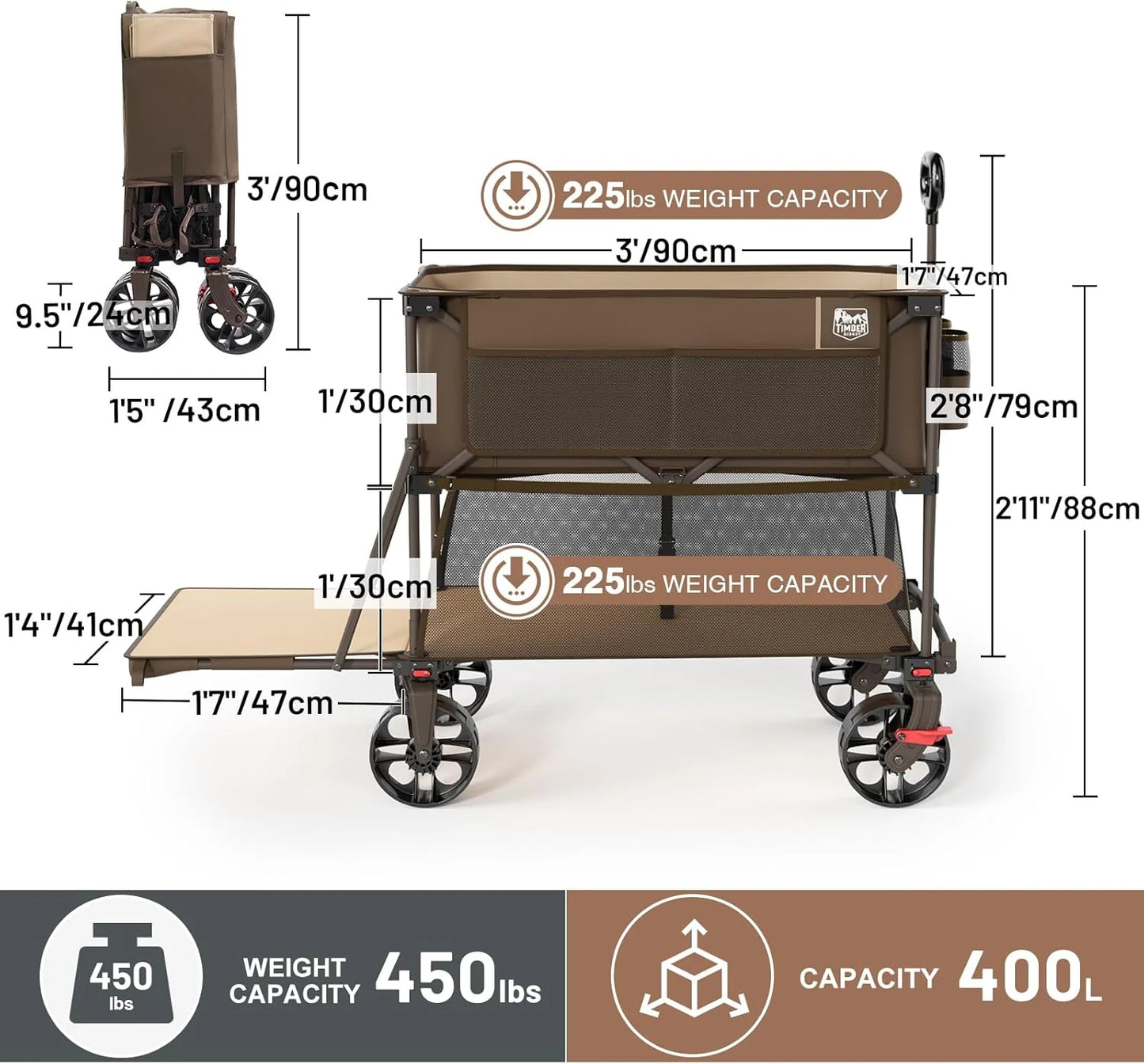 400L Large Capacity Folding Double Decker Cart with Brakes, 54 Inch Extra Long Extended Cart, 450 Pounds Heavy Duty Folding Cart